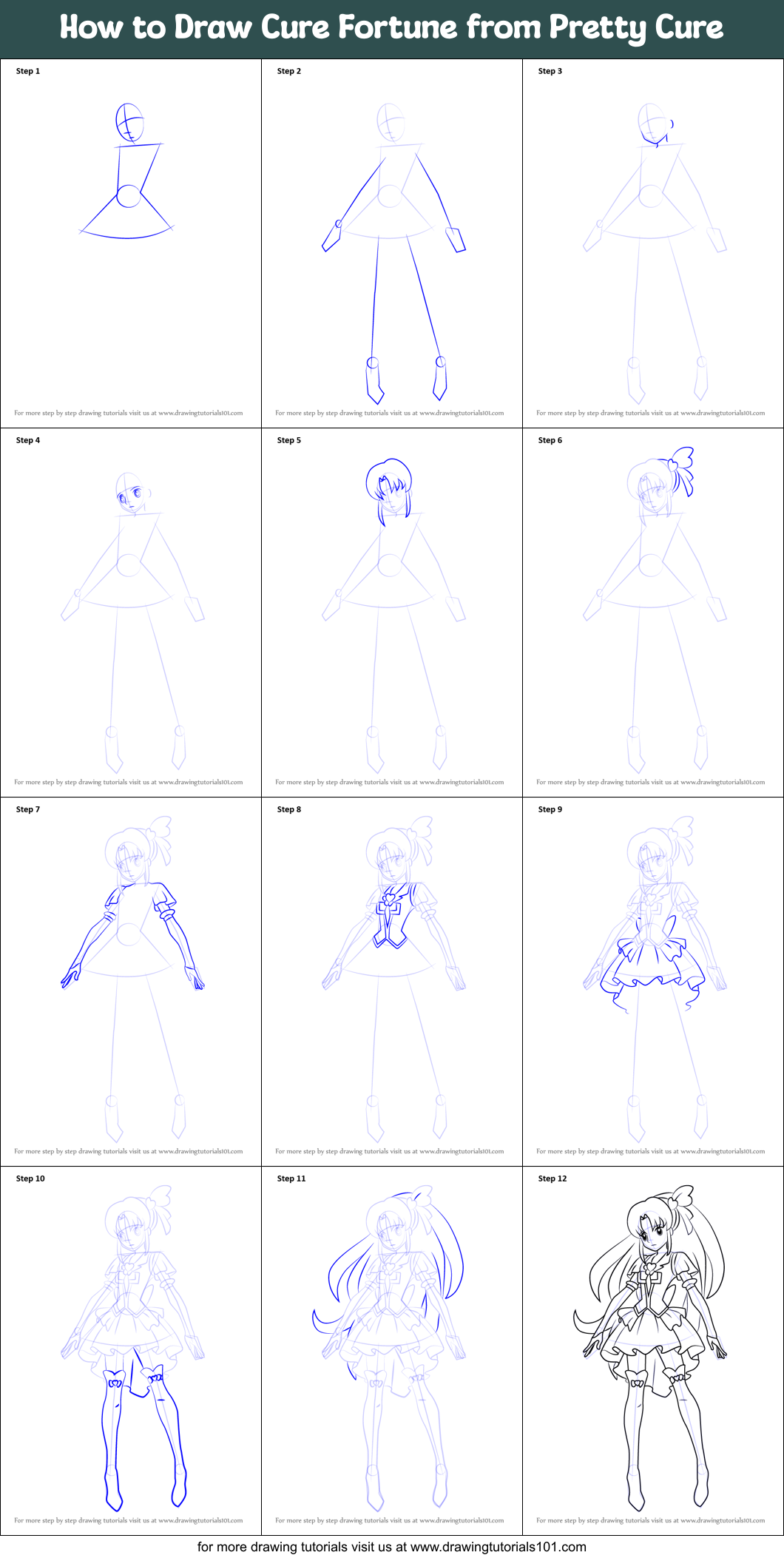 How to Draw Cure Fortune from Pretty Cure Printable Step by Step