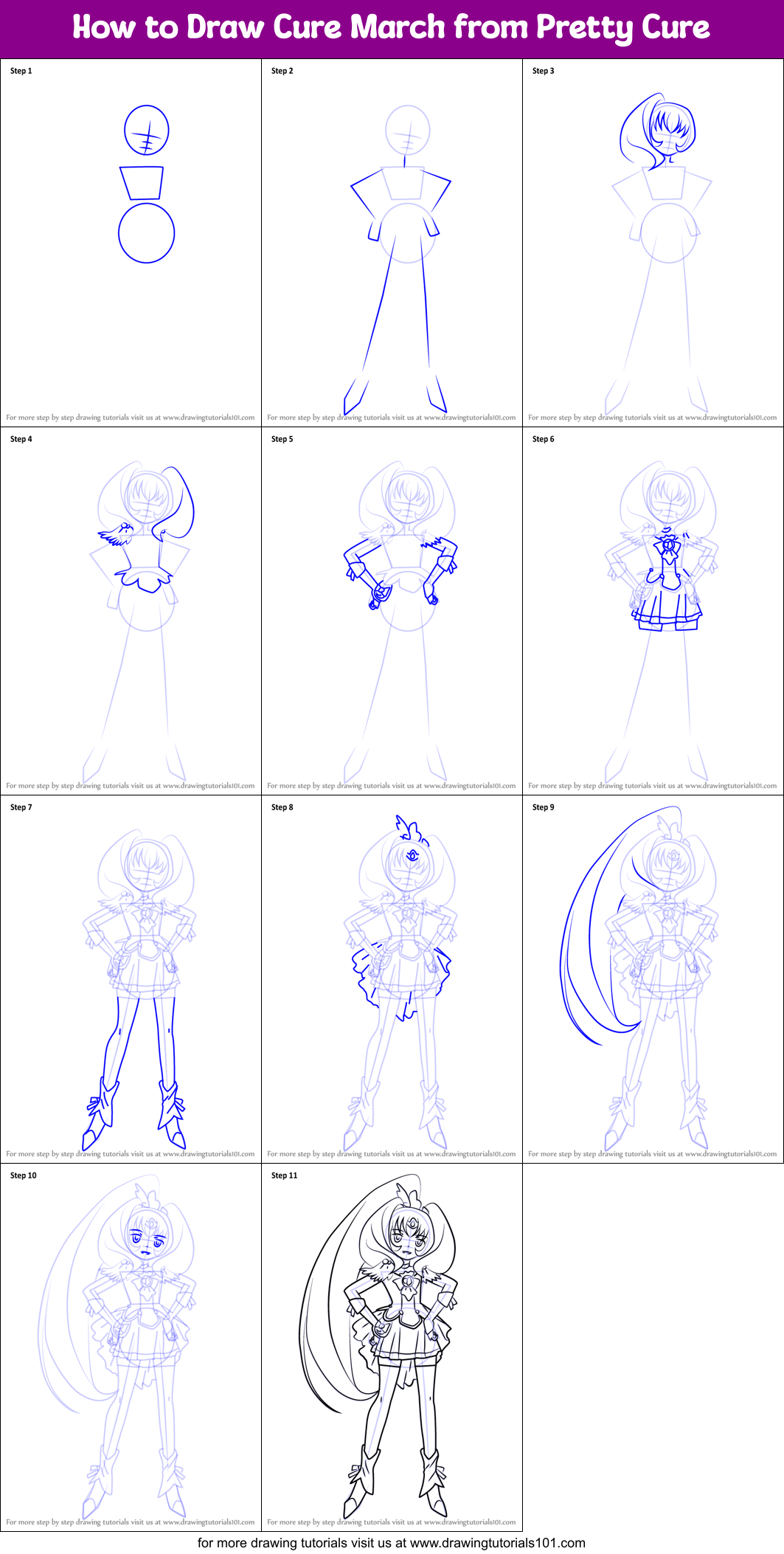 How to Draw Cure March from Pretty Cure Printable Step by Step