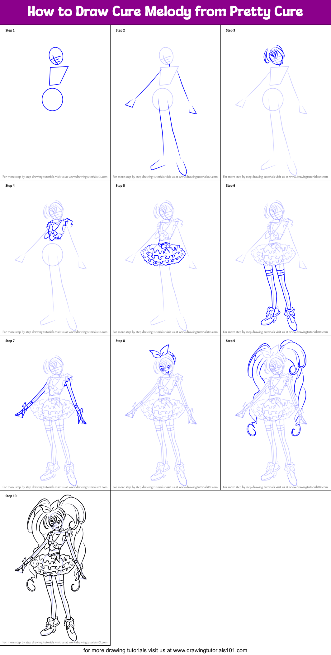 How to Draw Cure Melody from Pretty Cure Printable Step by Step