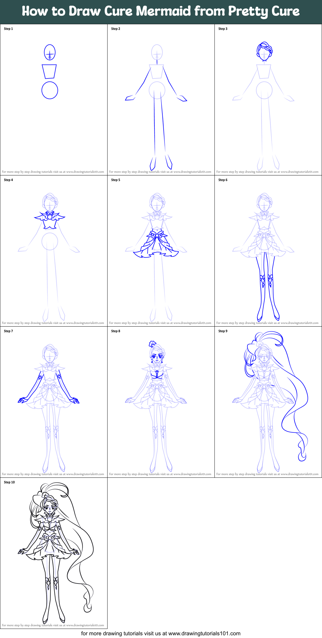 How to Draw Cure Mermaid from Pretty Cure Printable Step by Step