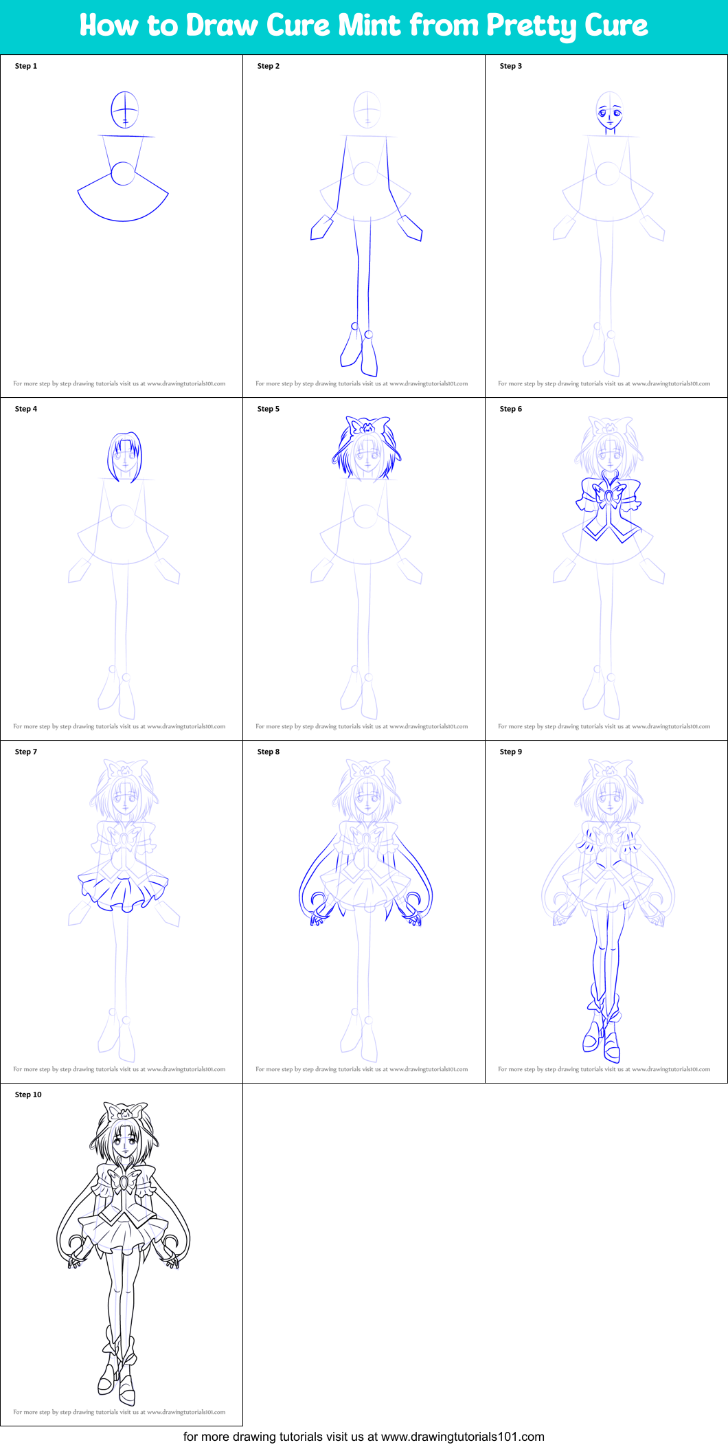 How to Draw Cure Mint from Pretty Cure Printable Step by Step