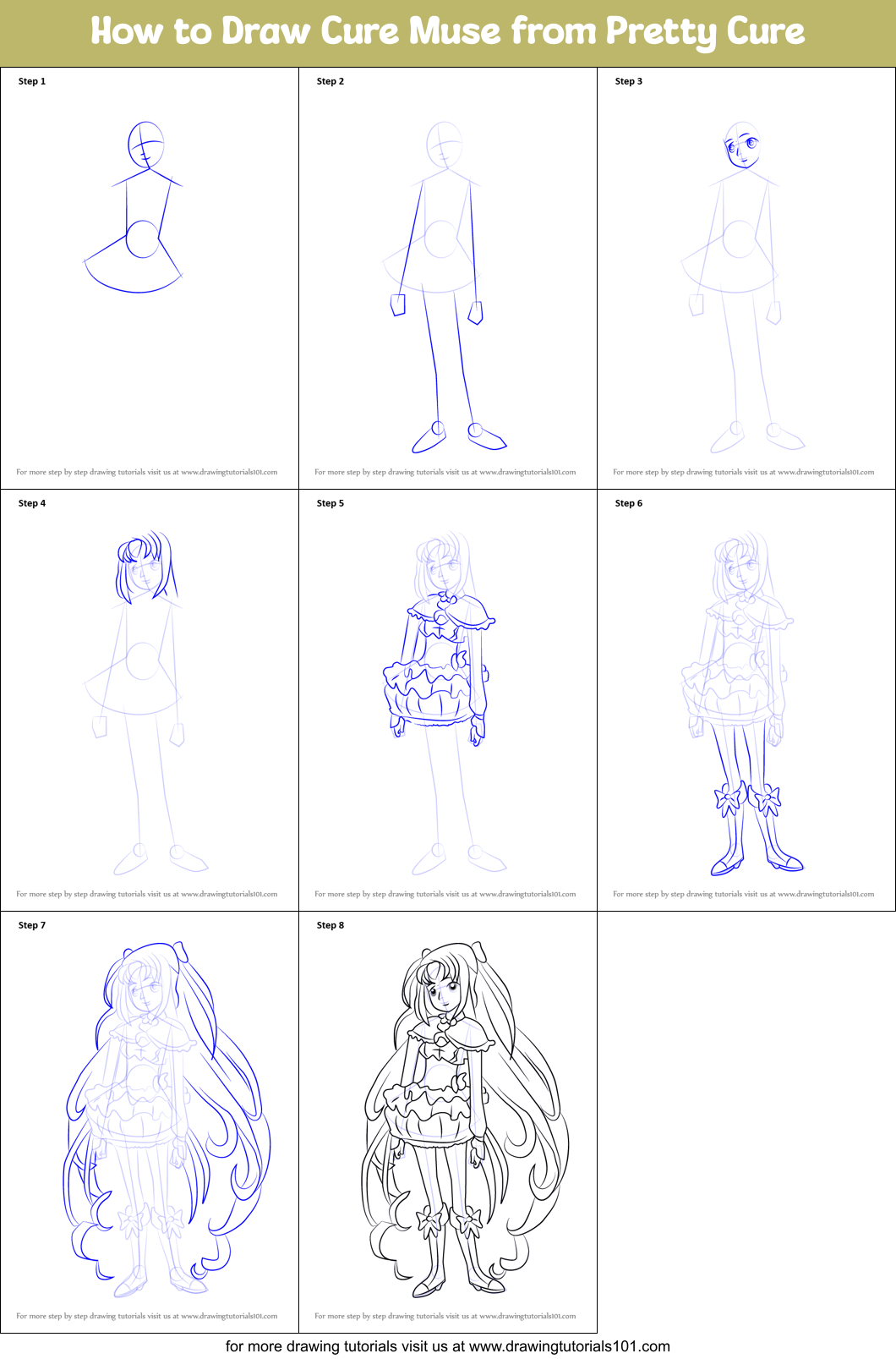 How to Draw Cure Muse from Pretty Cure Printable Step by Step