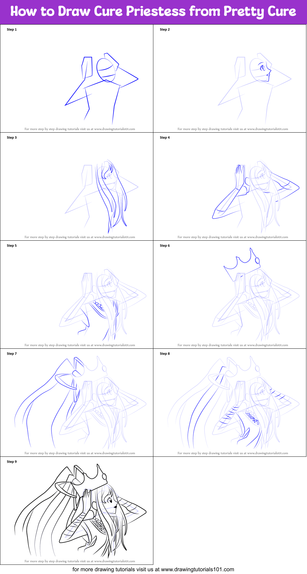 How to Draw Cure Priestess from Pretty Cure Printable Step by Step