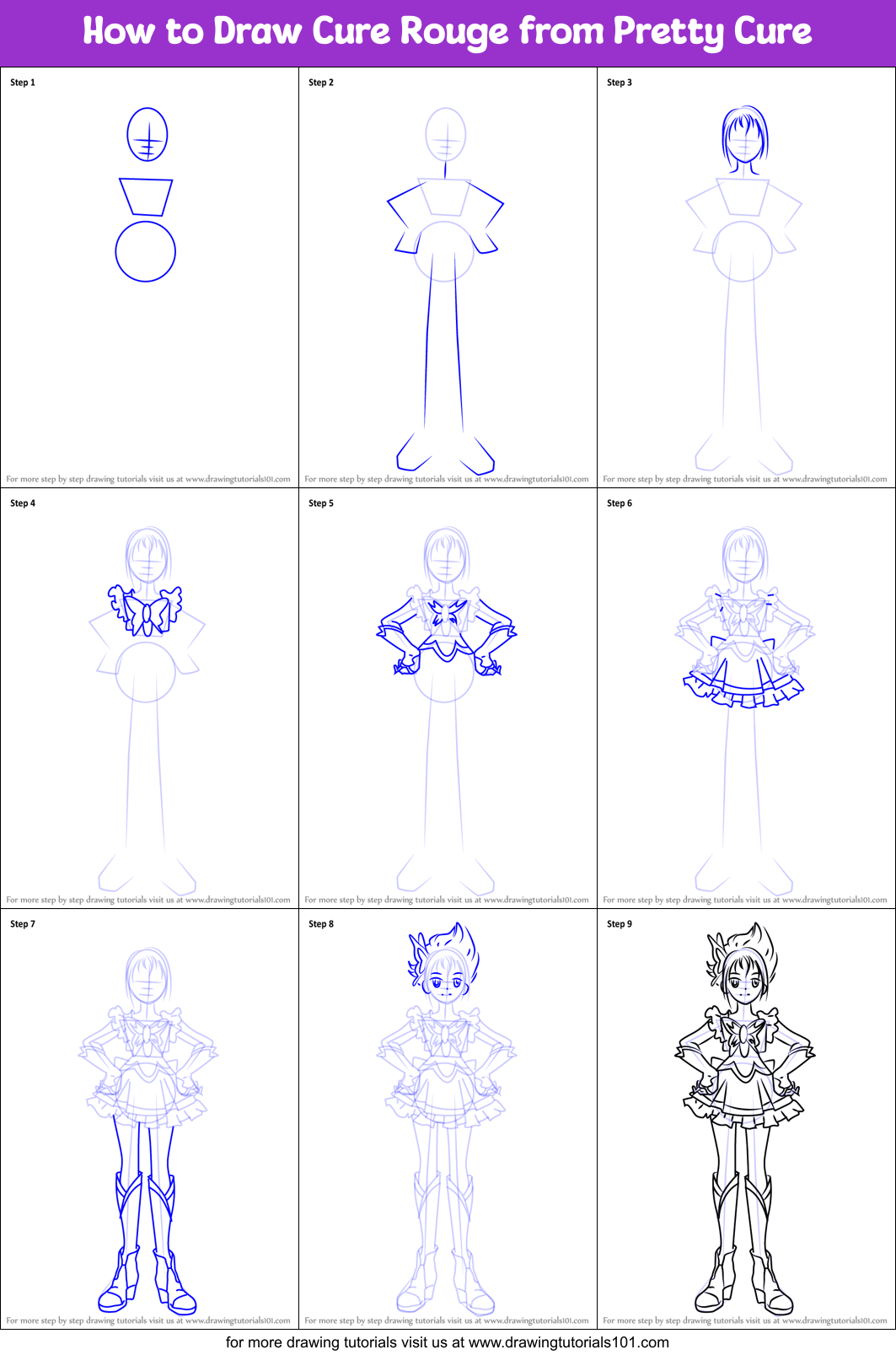 How to Draw Cure Rouge from Pretty Cure Printable Step by Step