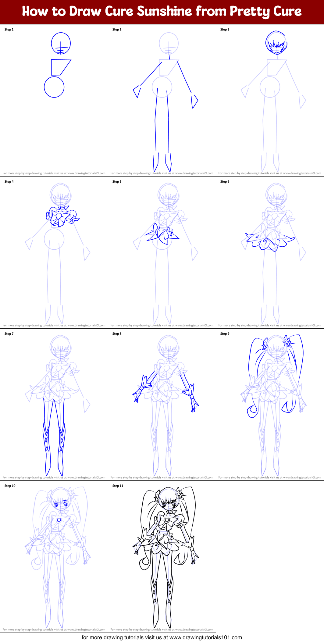 How to Draw Cure Sunshine from Pretty Cure Printable Step by Step