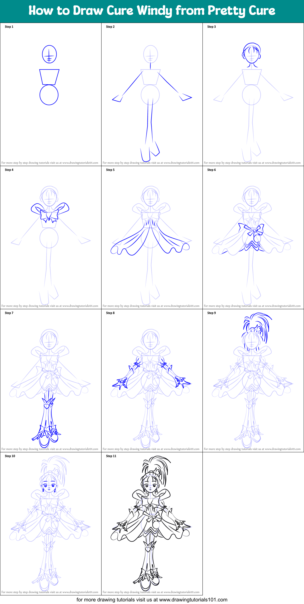How to Draw Cure Windy from Pretty Cure Printable Step by Step