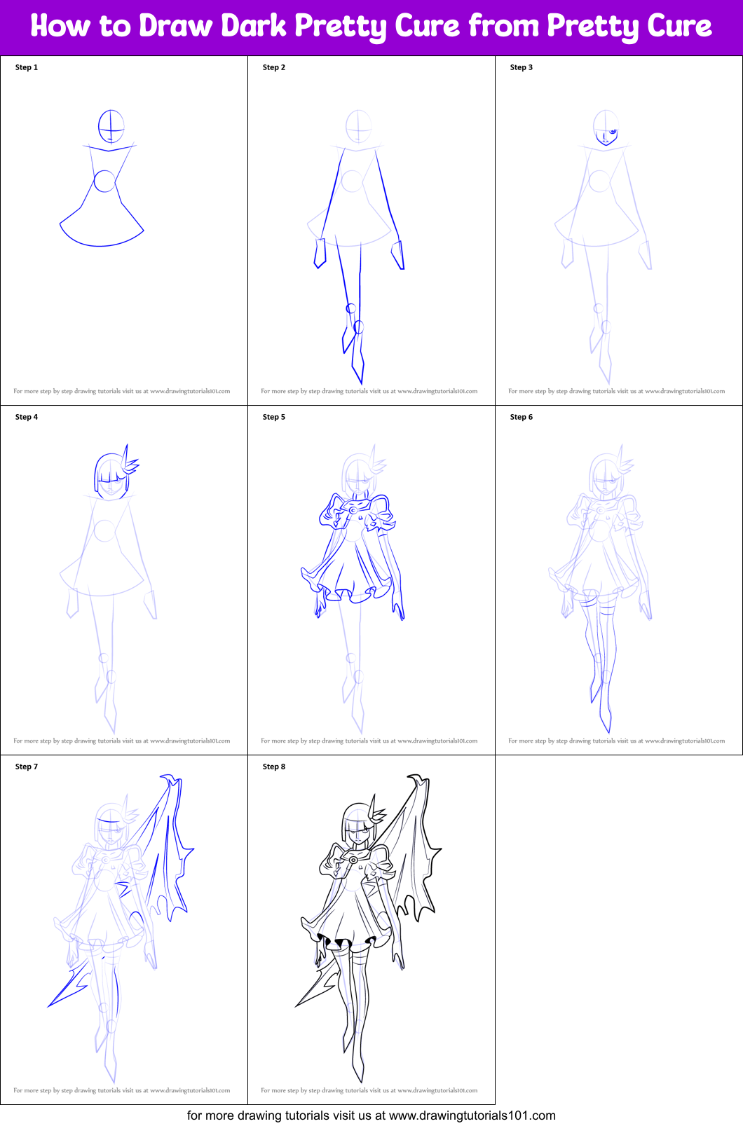 How to Draw Dark Pretty Cure from Pretty Cure Printable Step by Step
