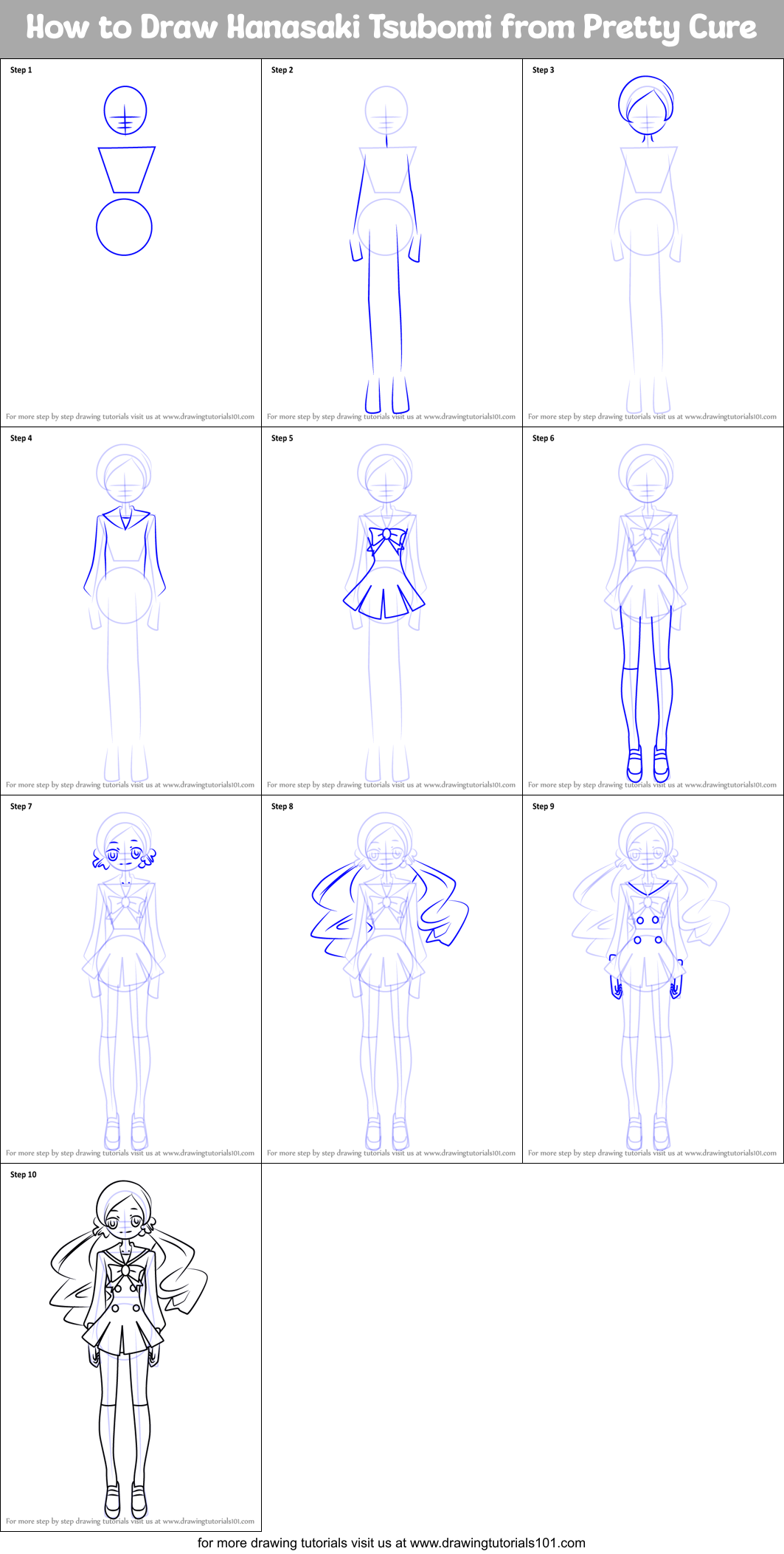 How to Draw Hanasaki Tsubomi from Pretty Cure Printable Step by Step