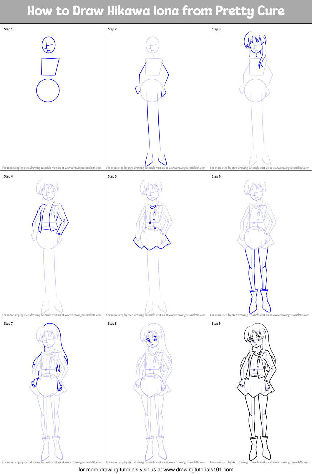 How to Draw Hikawa Iona from Pretty Cure Printable Step by Step