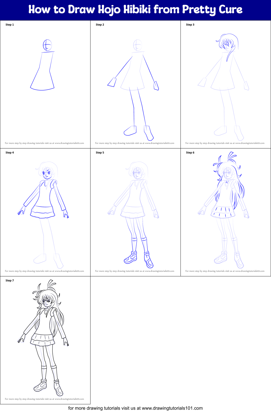 How to Draw Hojo Hibiki from Pretty Cure Printable Step by Step