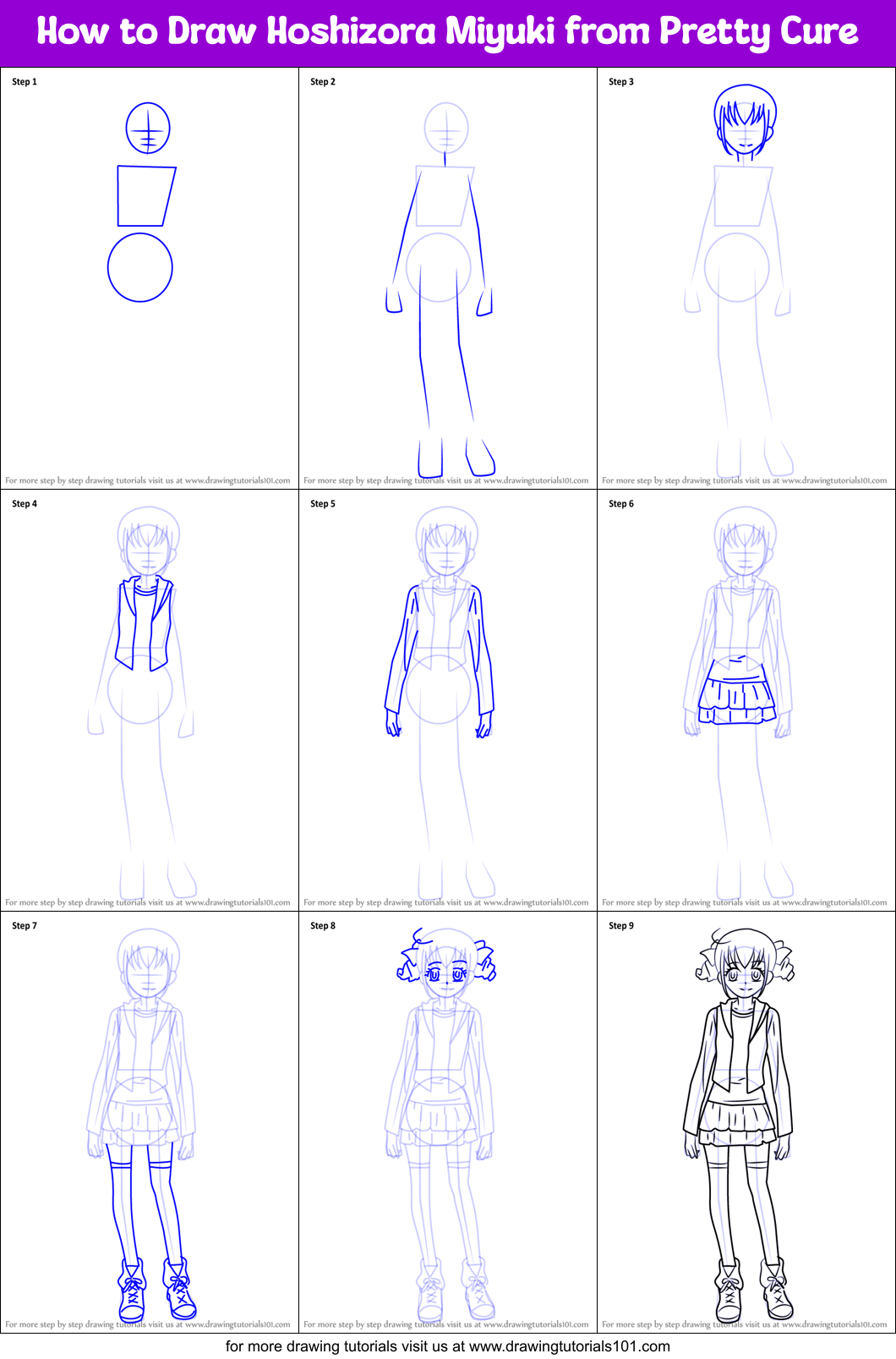 How to Draw Hoshizora Miyuki from Pretty Cure Printable Step by Step