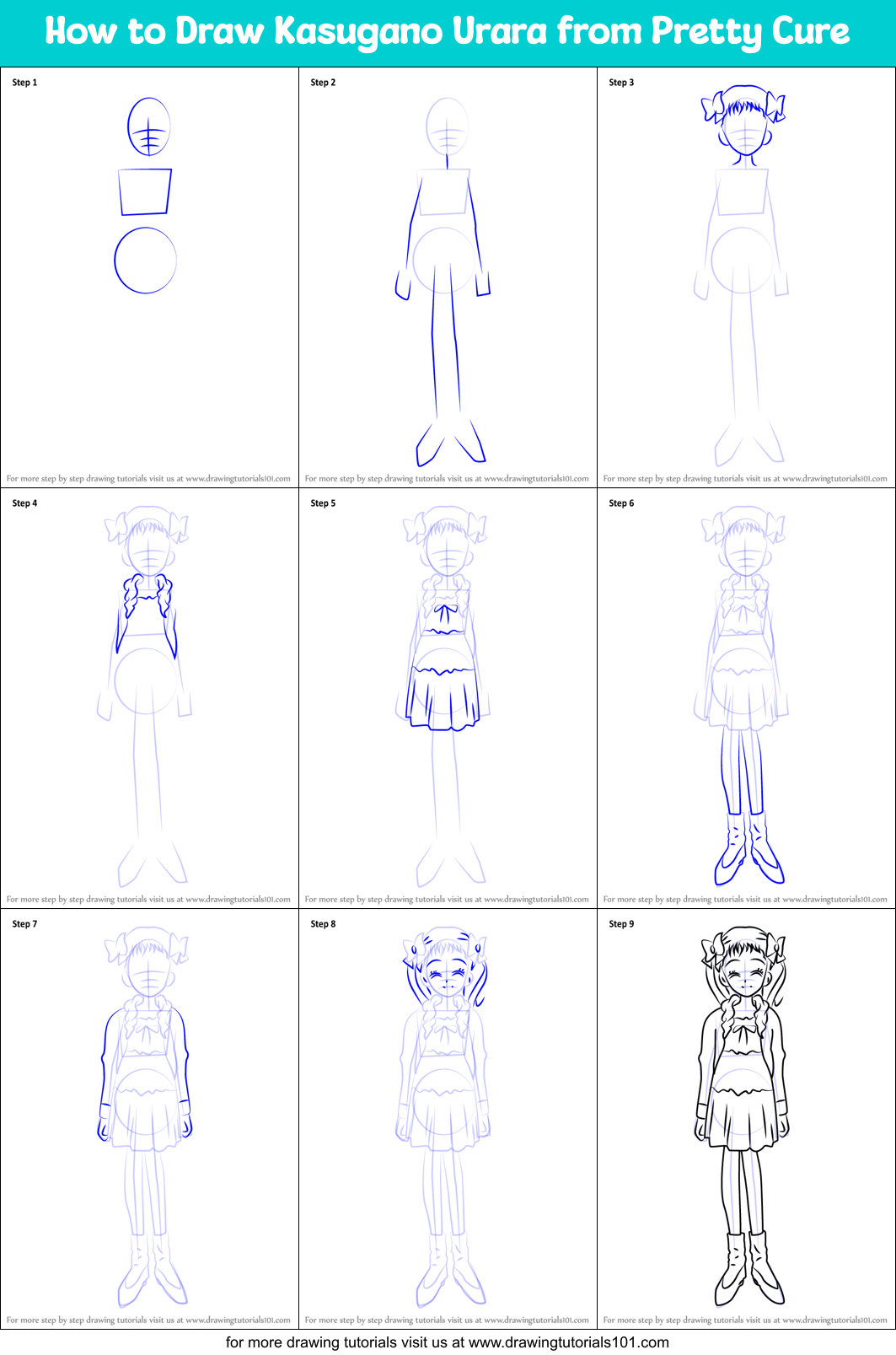 How to Draw Kasugano Urara from Pretty Cure Printable Step by Step