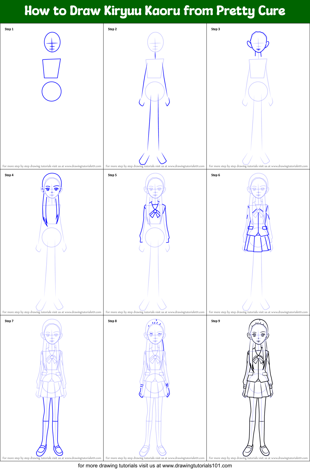 How to Draw Kiryuu Kaoru from Pretty Cure Printable Step by Step