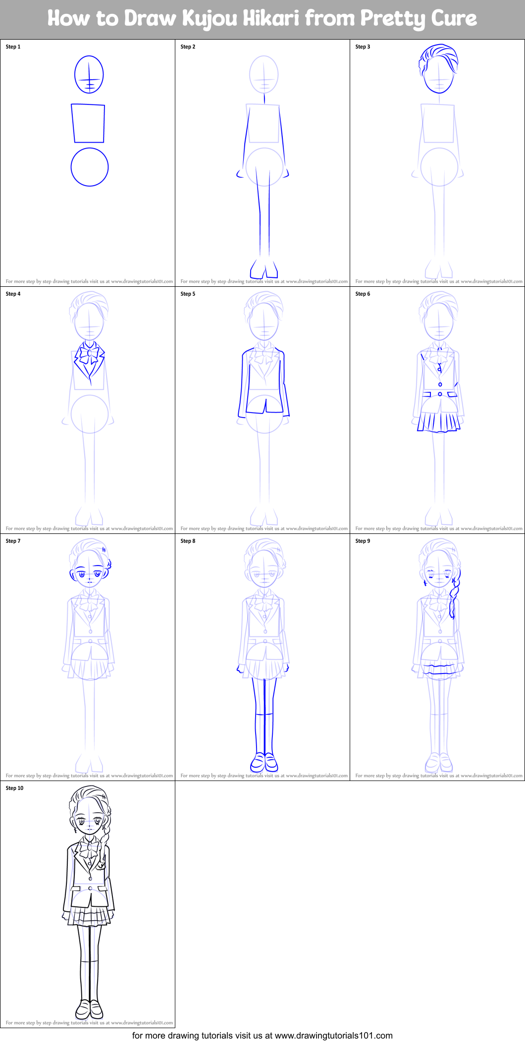 How to Draw Kujou Hikari from Pretty Cure Printable Step by Step
