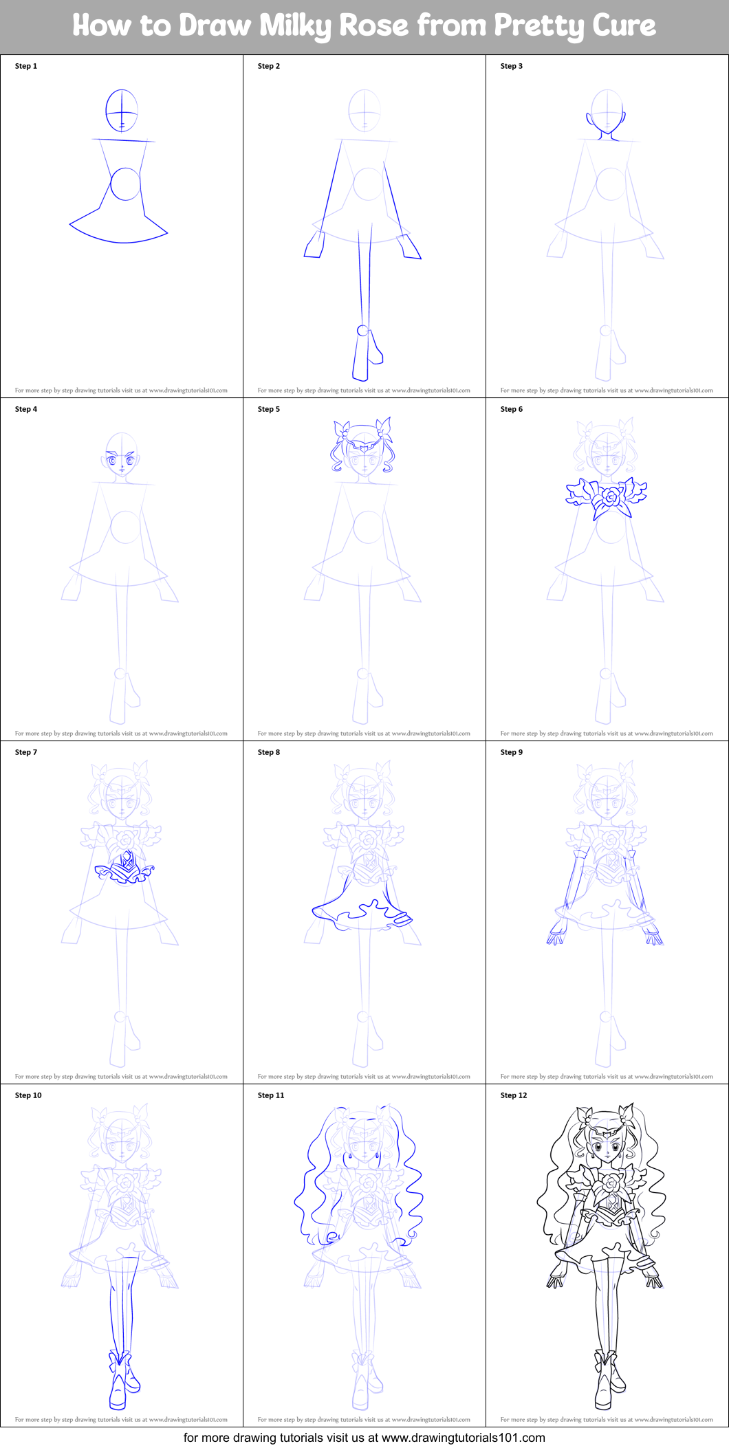 How to Draw Milky Rose from Pretty Cure Printable Step by Step