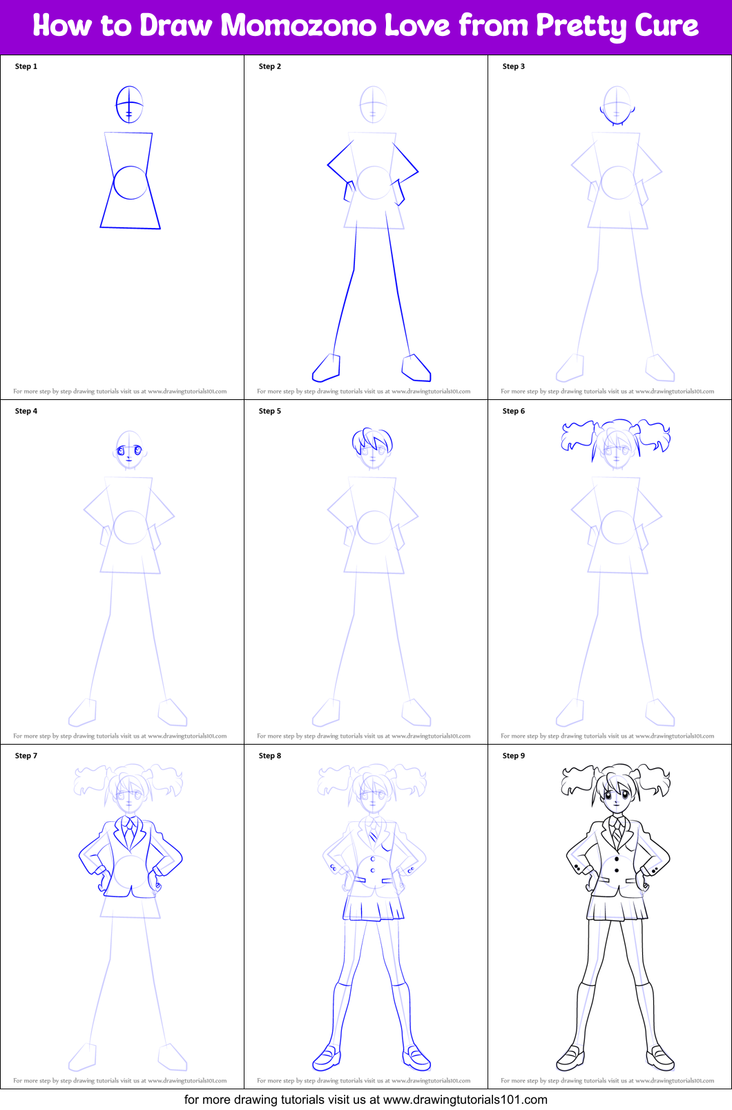 How to Draw Momozono Love from Pretty Cure Printable Step by Step
