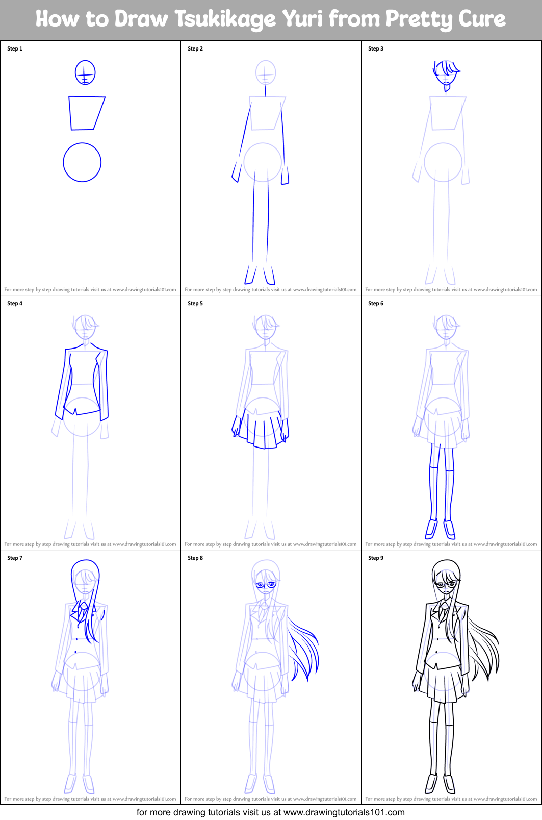 How to Draw Tsukikage Yuri from Pretty Cure Printable Step by Step