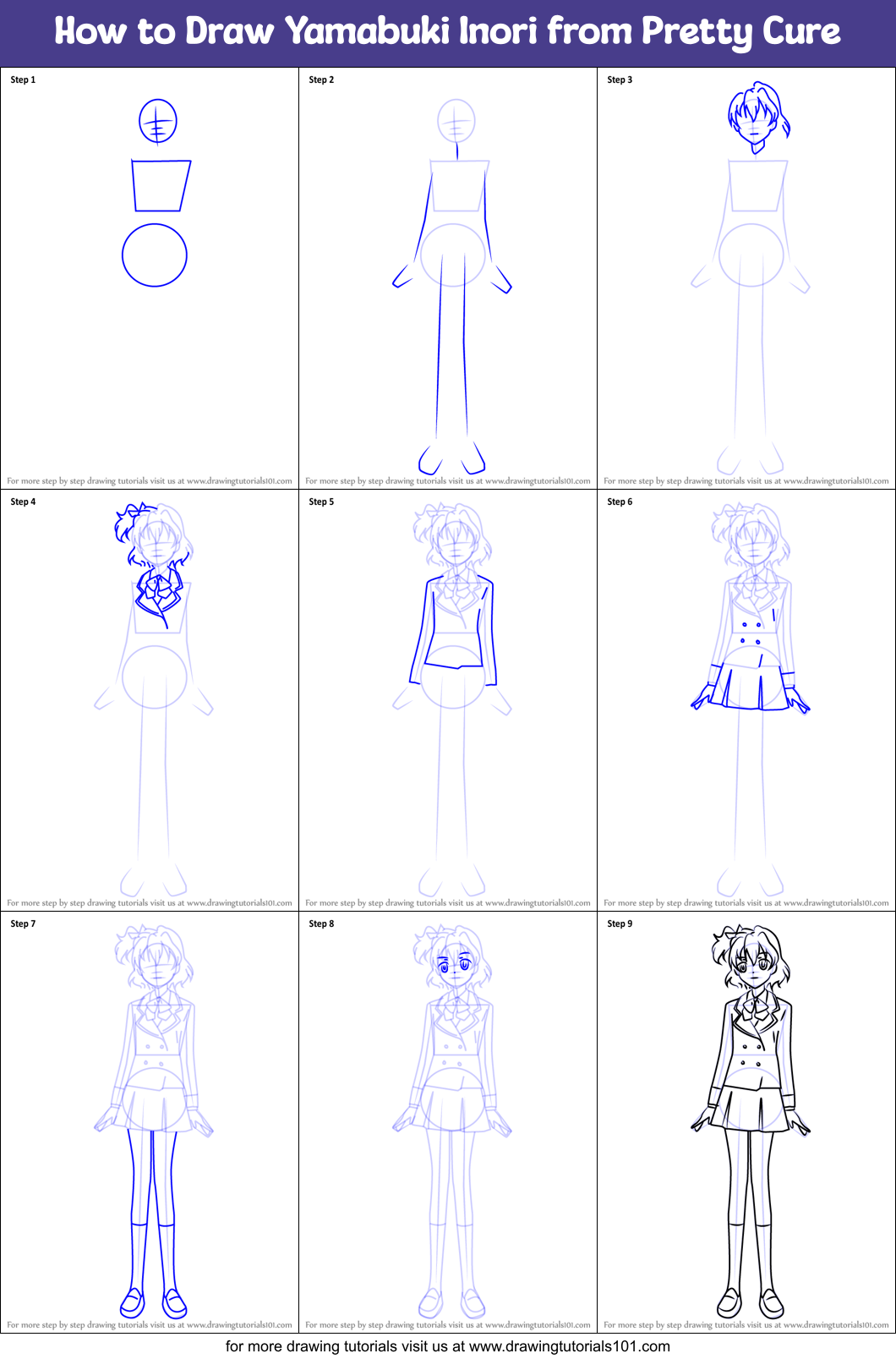 How to Draw Yamabuki Inori from Pretty Cure Printable Step by Step