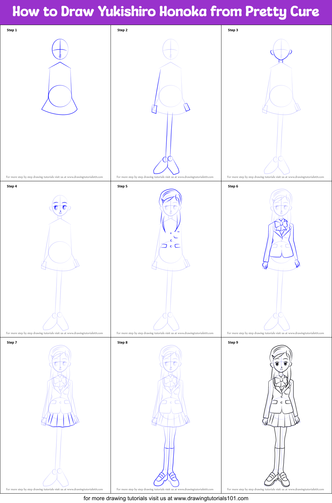 How to Draw Yukishiro Honoka from Pretty Cure Printable Step by Step