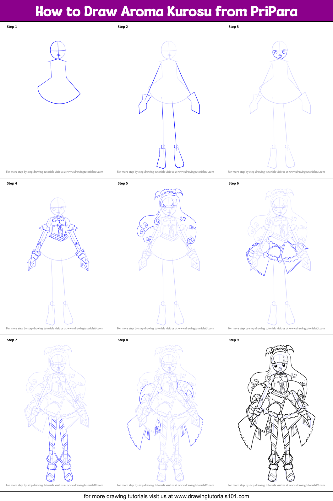 How to Draw Aroma Kurosu from PriPara Printable Step by Step