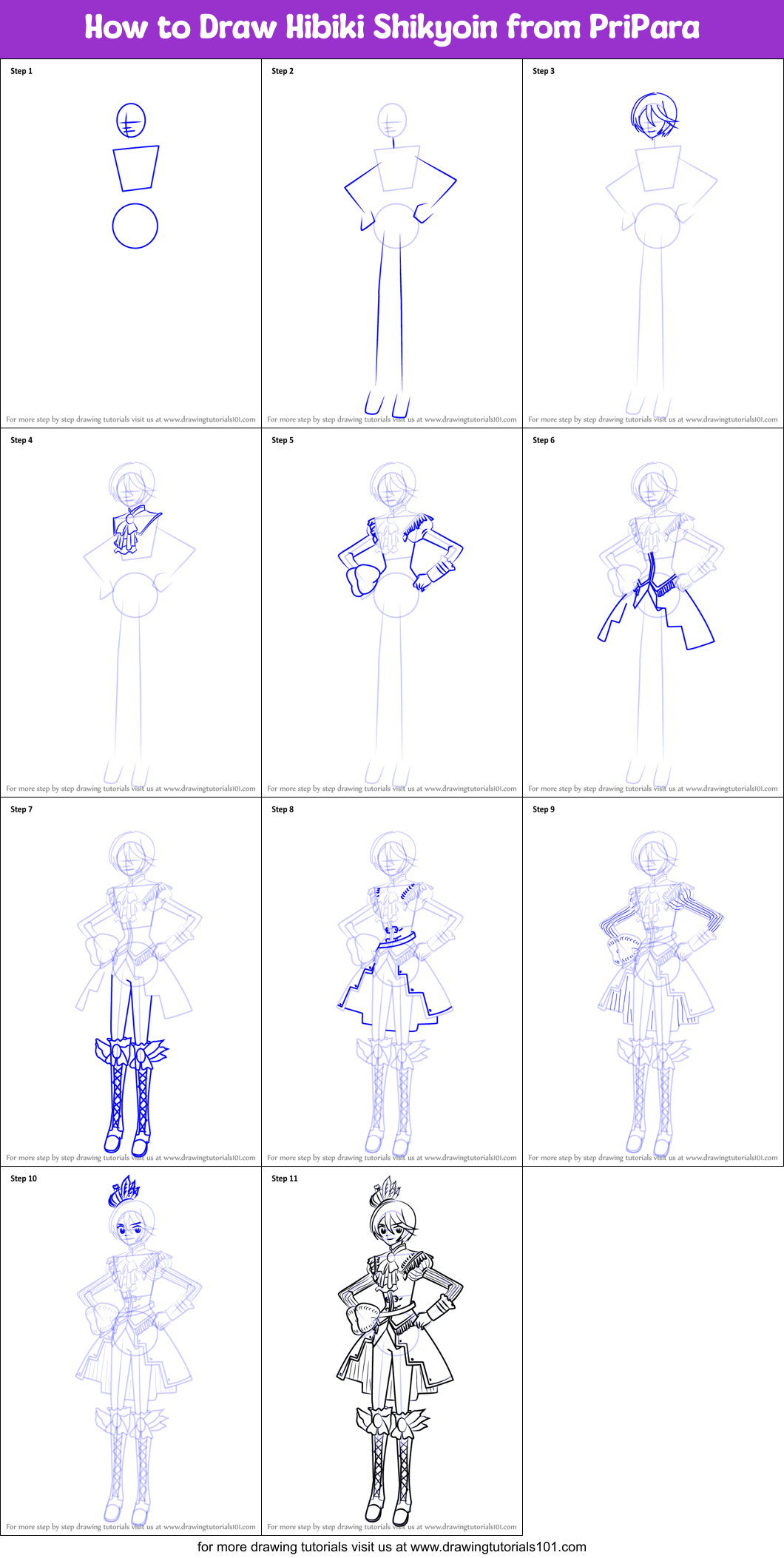How to Draw Hibiki Shikyoin from PriPara Printable Step by Step