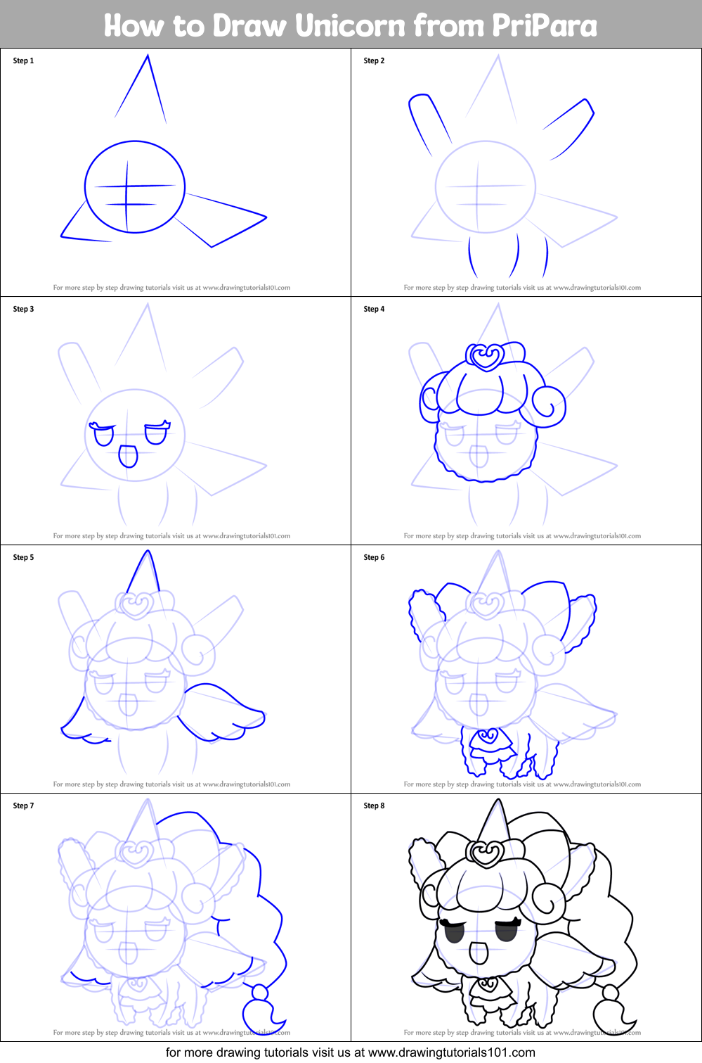 How to Draw Unicorn from PriPara Printable Step by Step