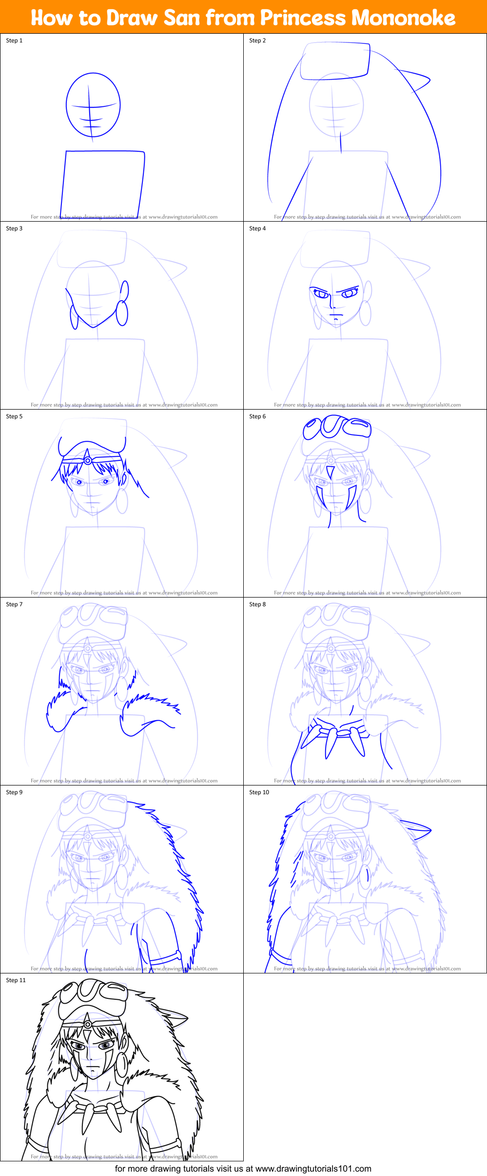 How to Draw San from Princess Mononoke Printable Step by Step