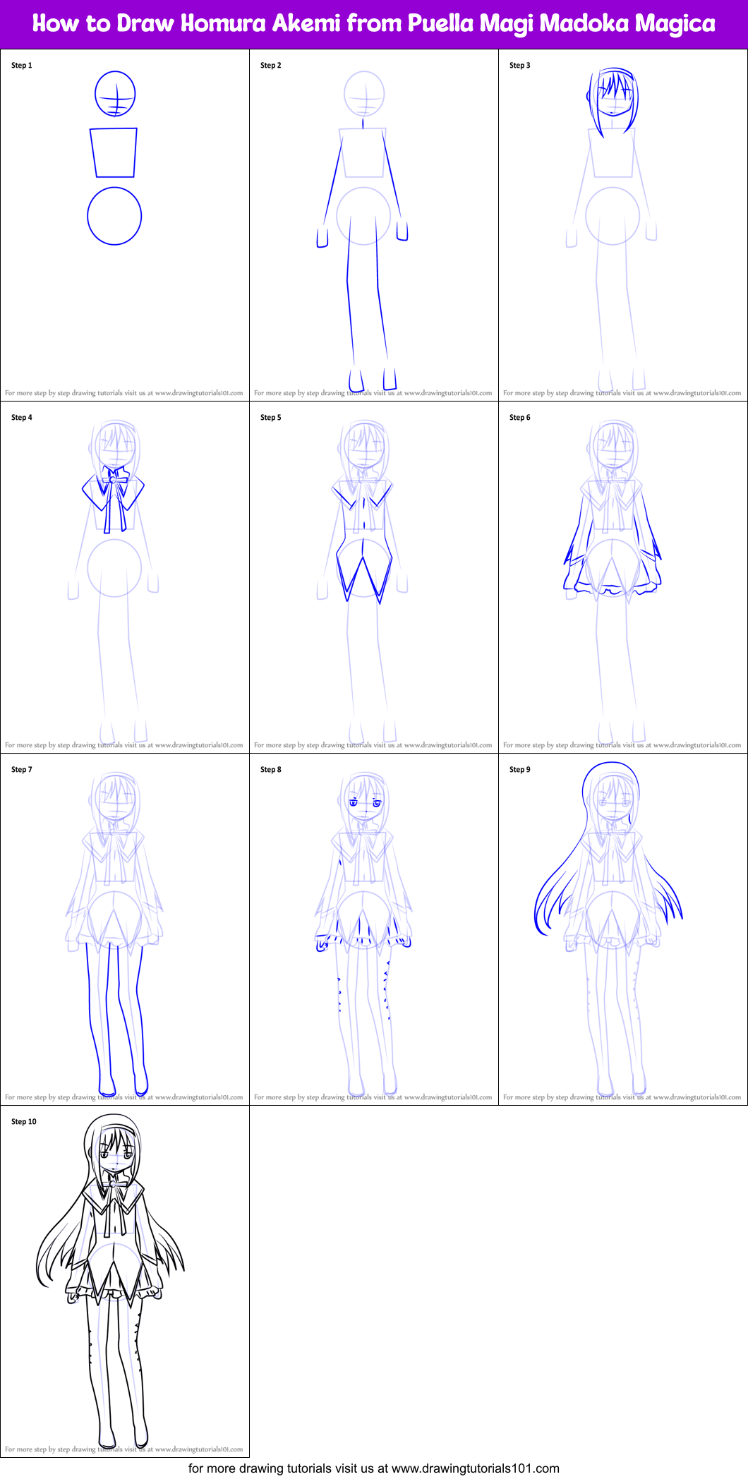 How to Draw Homura Akemi from Puella Magi Madoka Magica Printable Step by Step