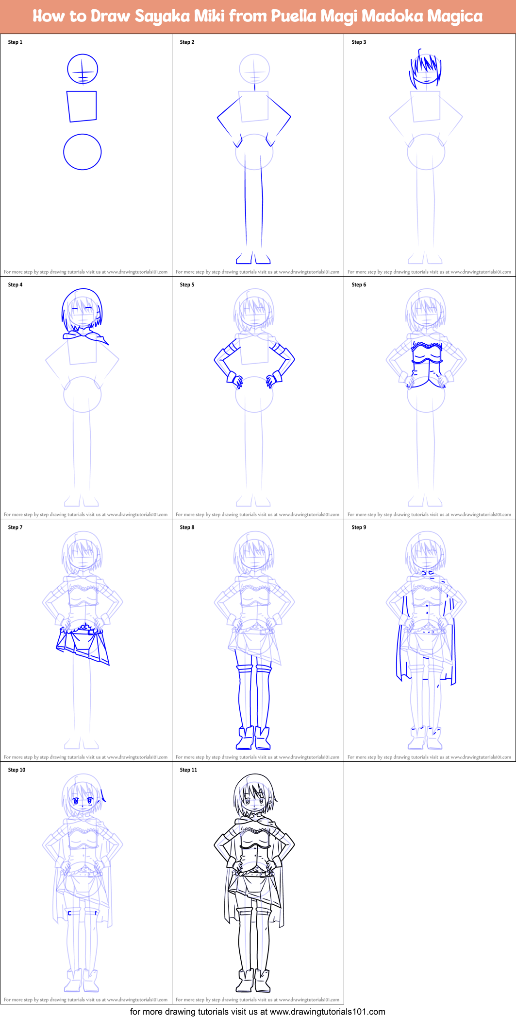 How to Draw Sayaka Miki from Puella Magi Madoka Magica Printable Step by Step