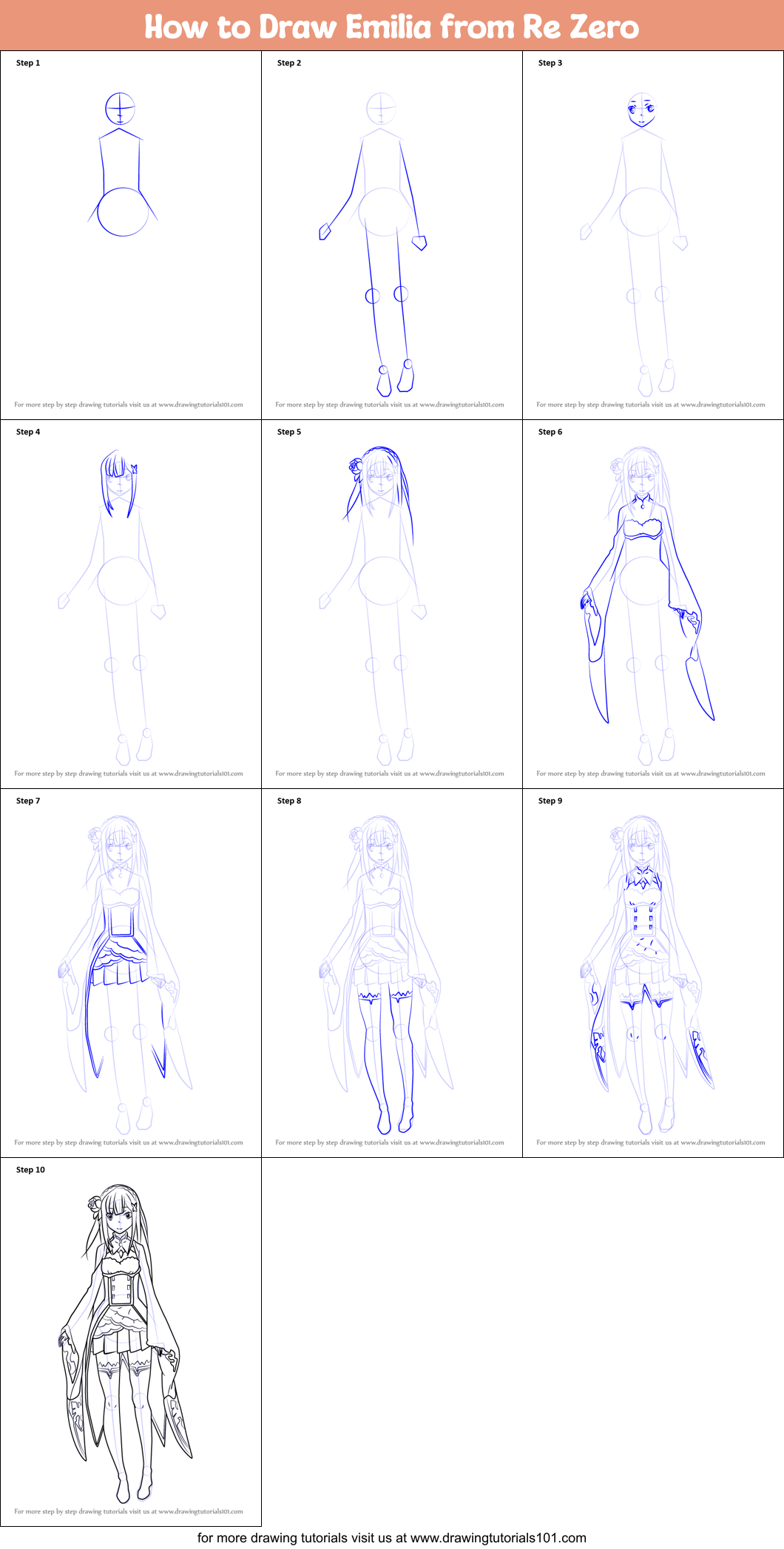 How to Draw Emilia from Re Zero Printable Step by Step