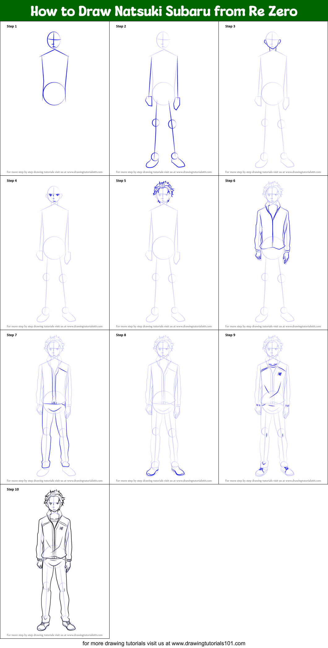 How to Draw Natsuki Subaru from Re Zero Printable Step by Step