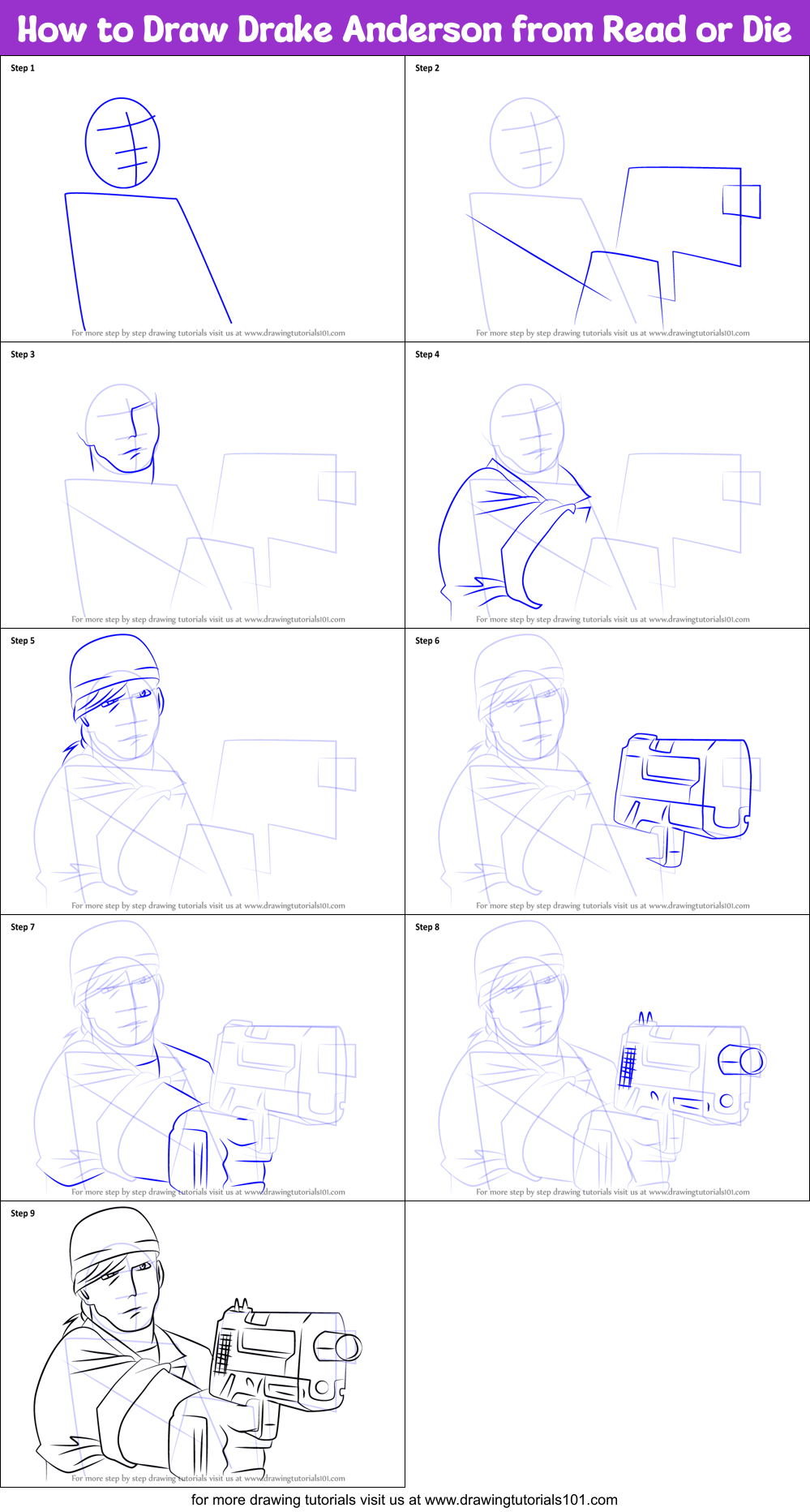 How to Draw Drake Anderson from Read or Die Printable Step by Step