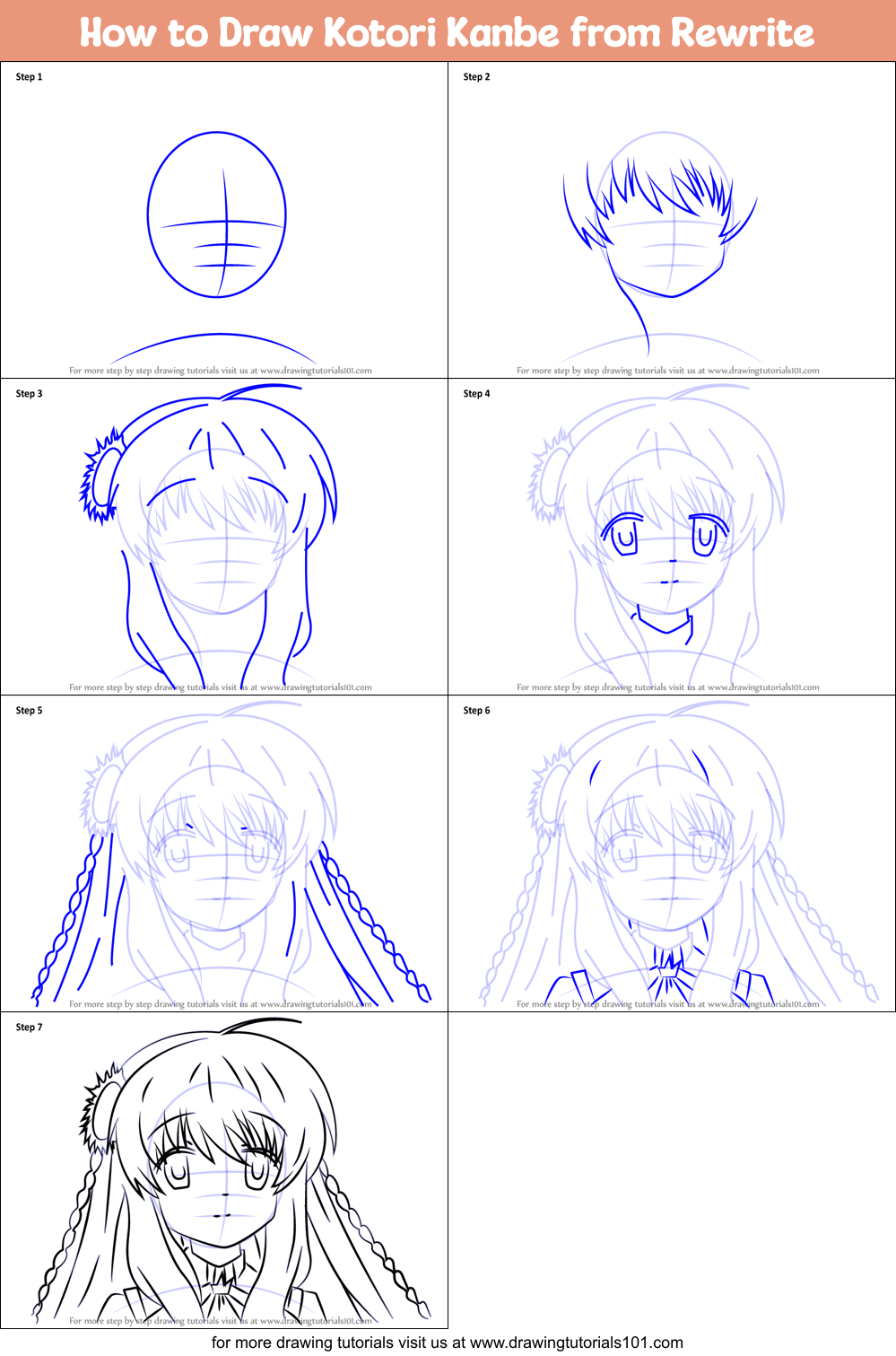 How to Draw Kotori Kanbe from Rewrite Printable Step by Step
