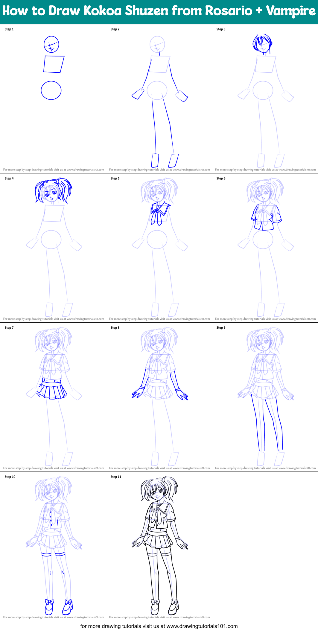 How to Draw Kokoa Shuzen from Rosario + Vampire Printable Step by Step