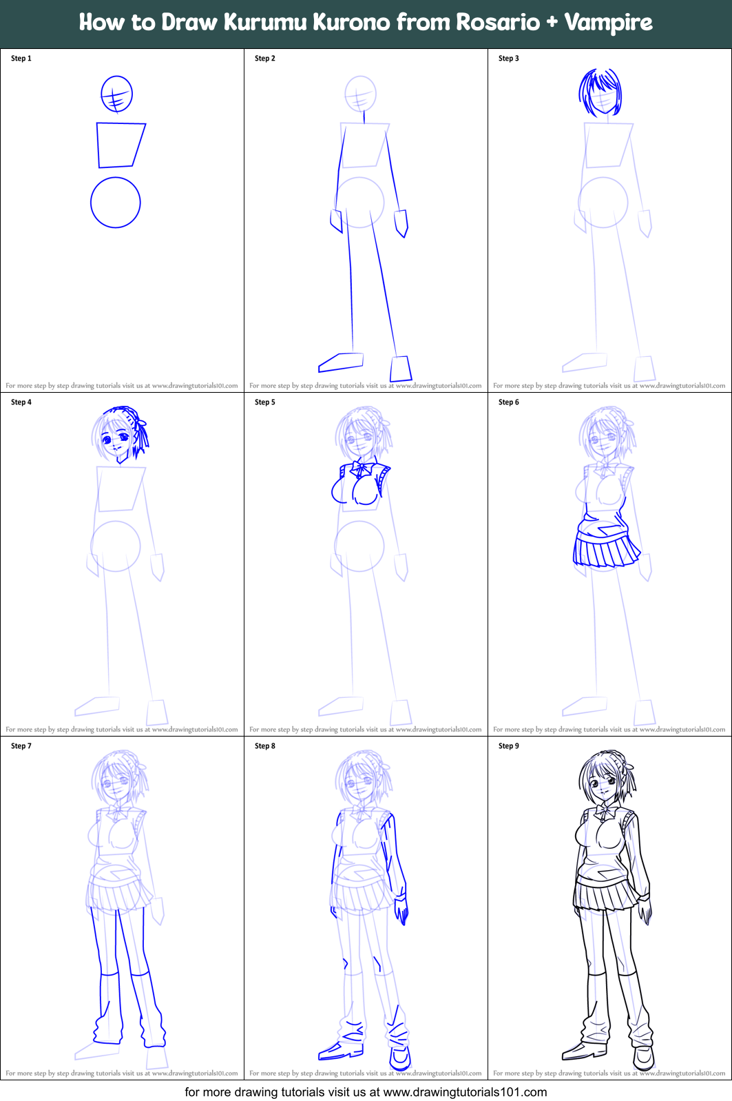 How to Draw Kurumu Kurono from Rosario + Vampire Printable Step by Step