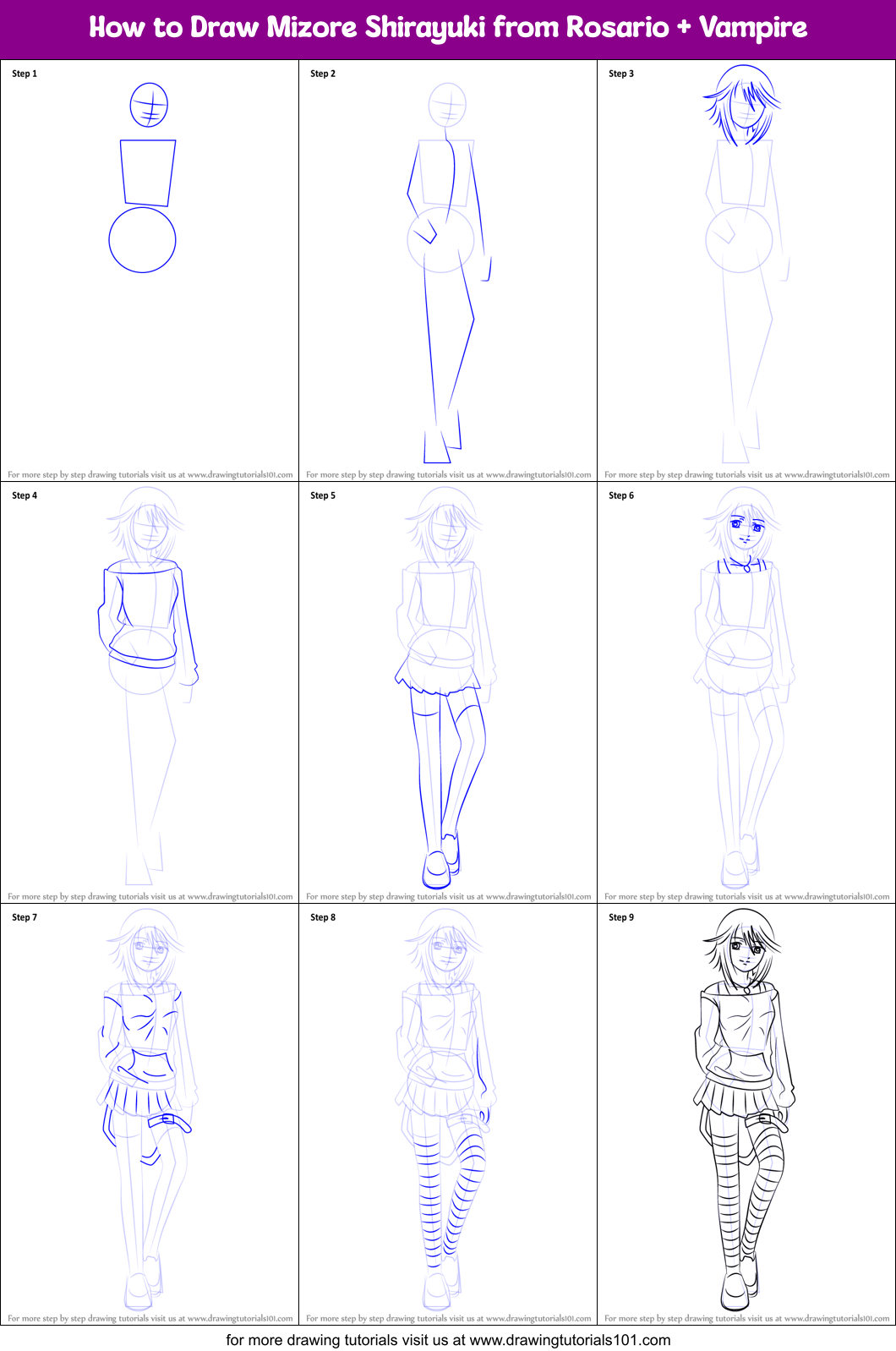 How to Draw Mizore Shirayuki from Rosario + Vampire Printable Step by Step