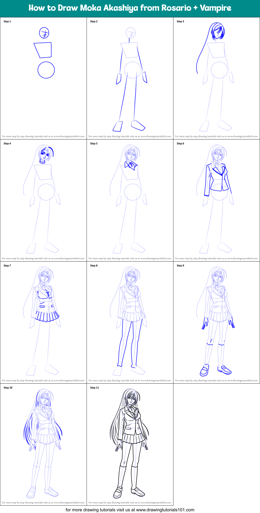 How to Draw Moka Akashiya from Rosario + Vampire Printable Step by Step