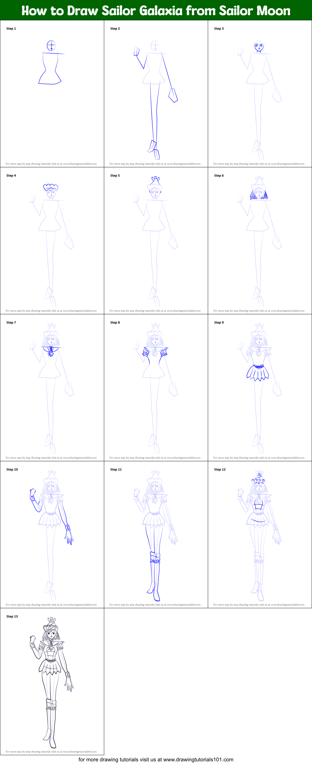 How to Draw Sailor Galaxia from Sailor Moon printable step by step