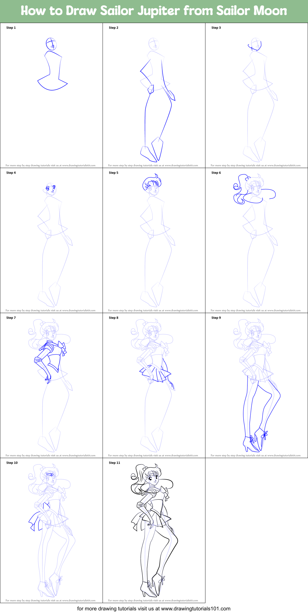 How to Draw Sailor Jupiter from Sailor Moon Printable Step by Step