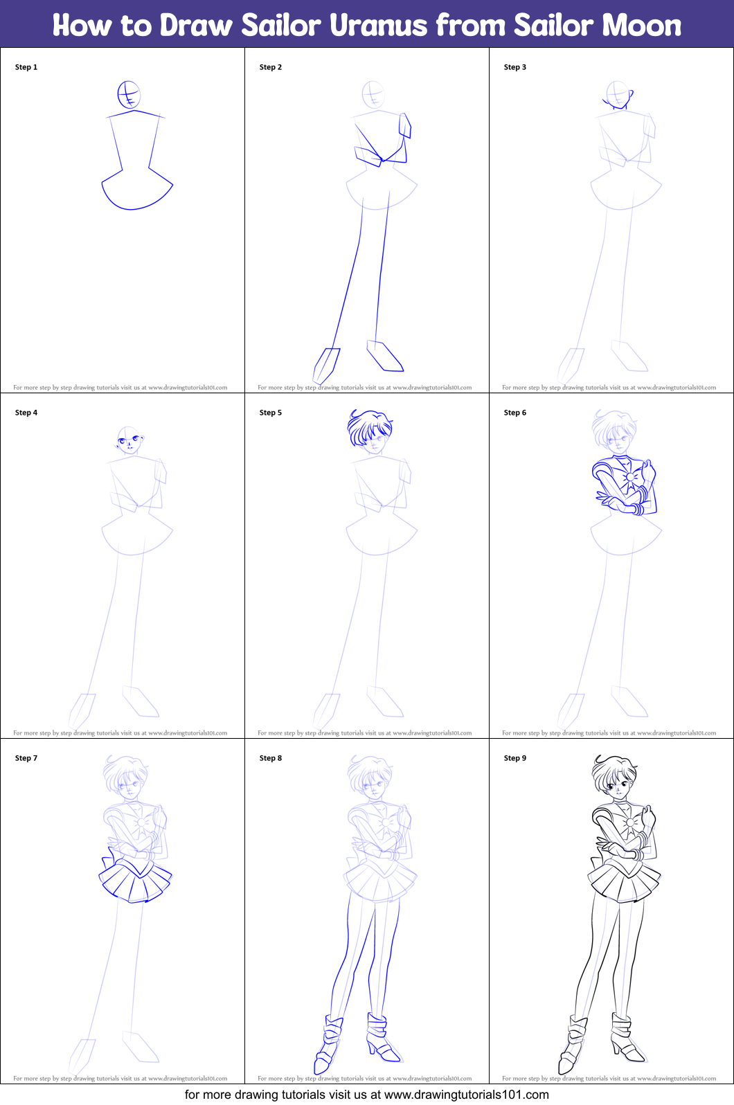 How to Draw Sailor Uranus from Sailor Moon Printable Step by Step