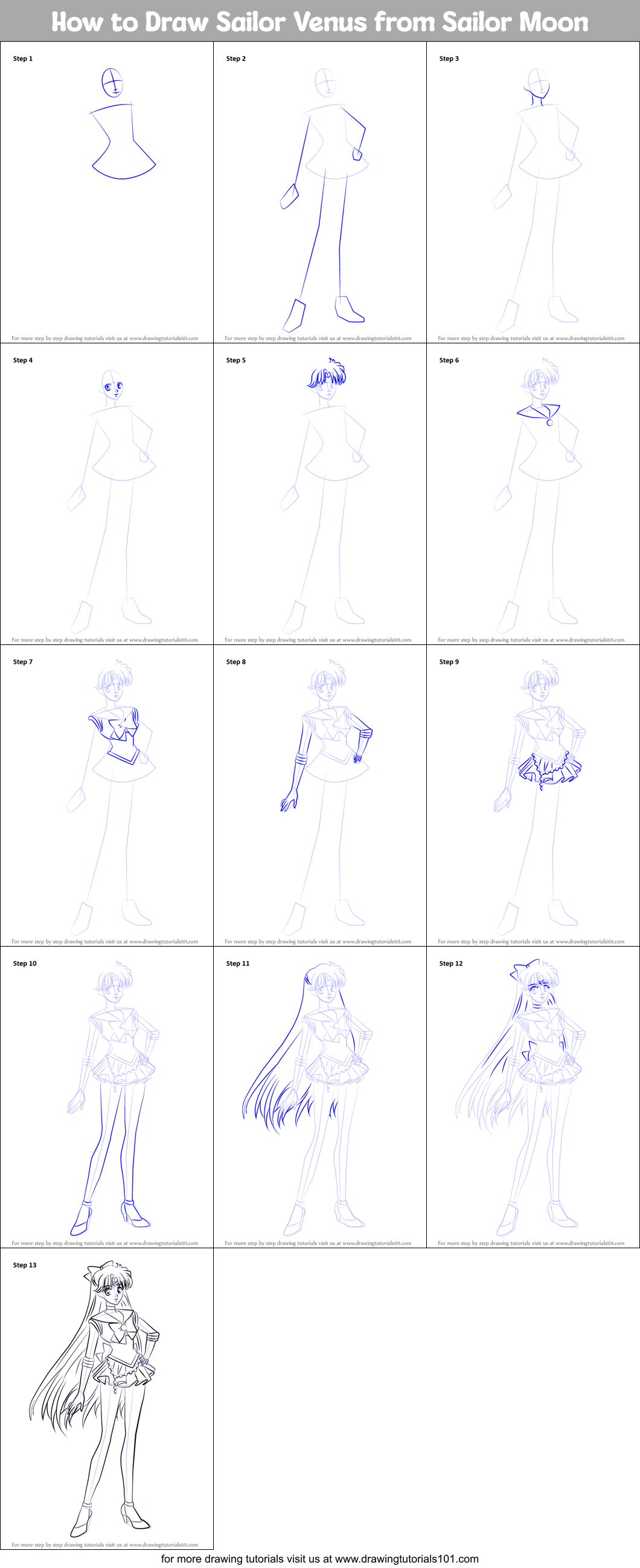 How to Draw Sailor Venus from Sailor Moon printable step by step