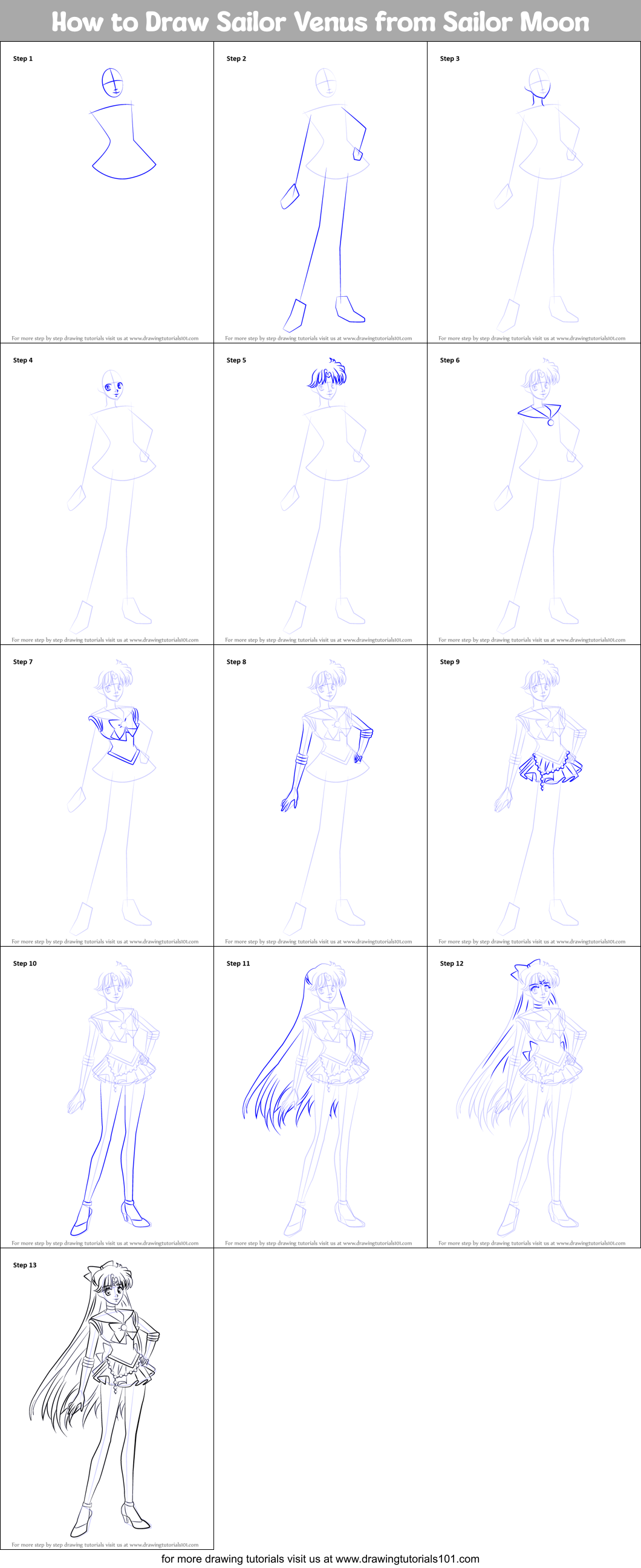 How to Draw Sailor Venus from Sailor Moon Printable Step by Step