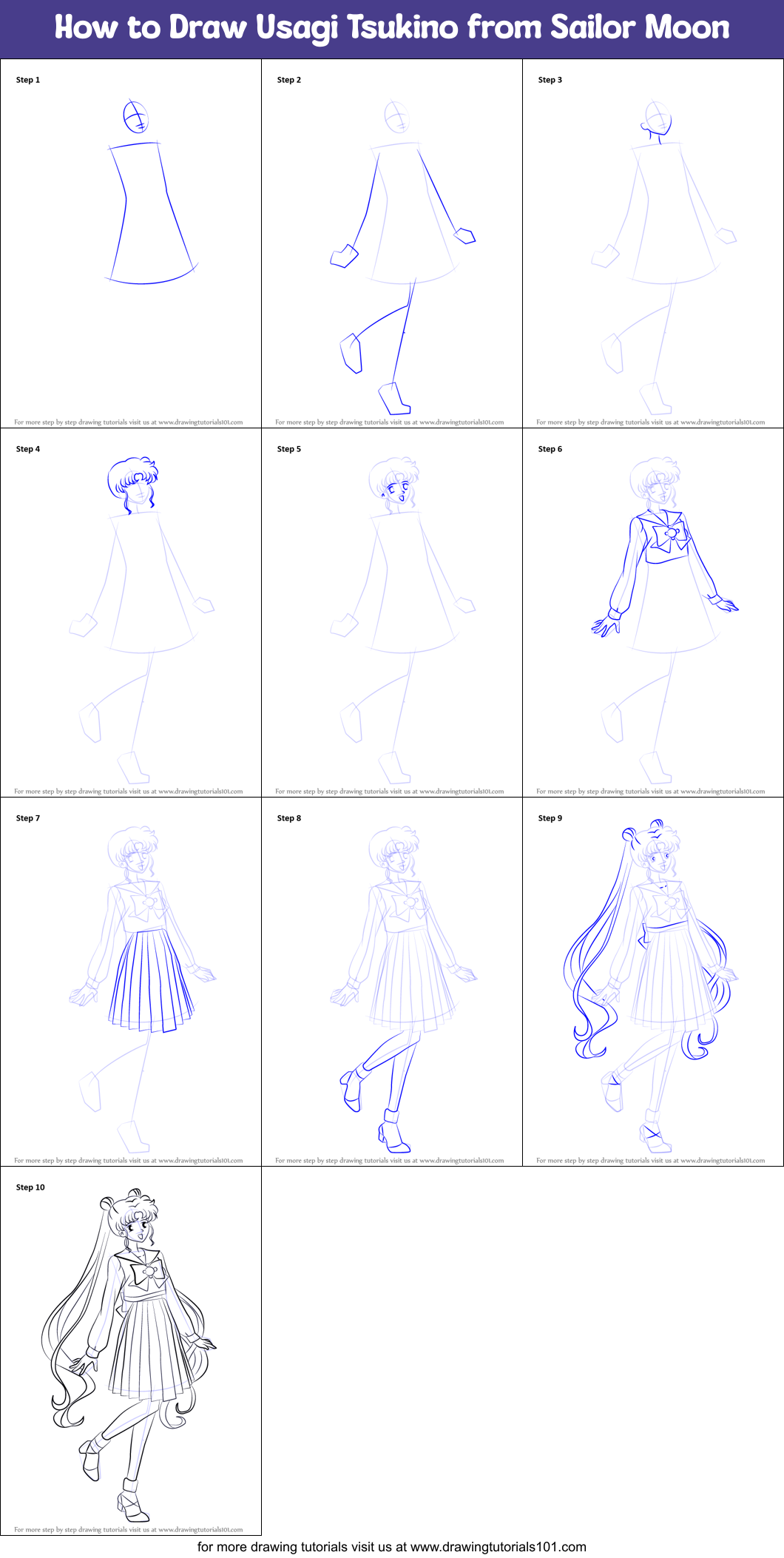 How to Draw Usagi Tsukino from Sailor Moon Printable Step by Step
