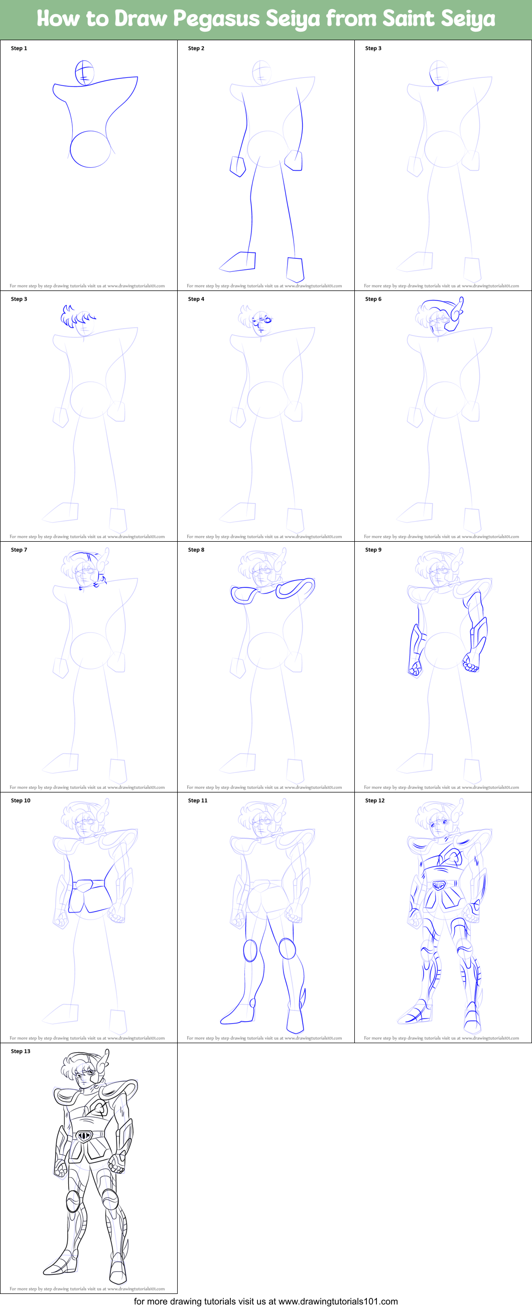 How to Draw Pegasus Seiya from Saint Seiya Printable Step by Step