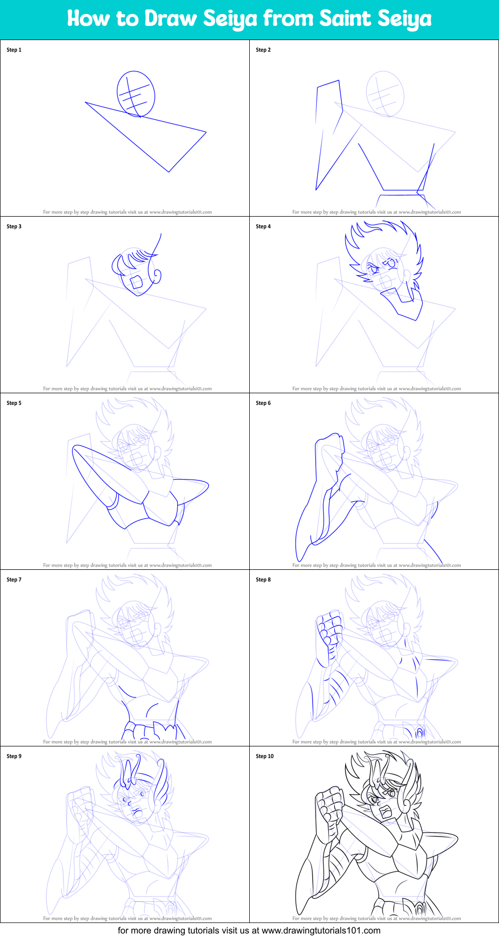How to Draw Seiya from Saint Seiya Printable Step by Step