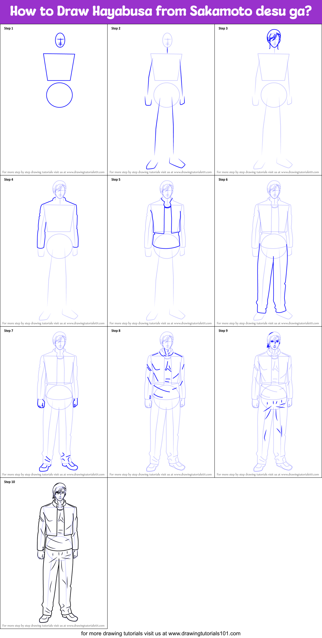 How to Draw Hayabusa from Sakamoto desu ga? Printable Step by Step