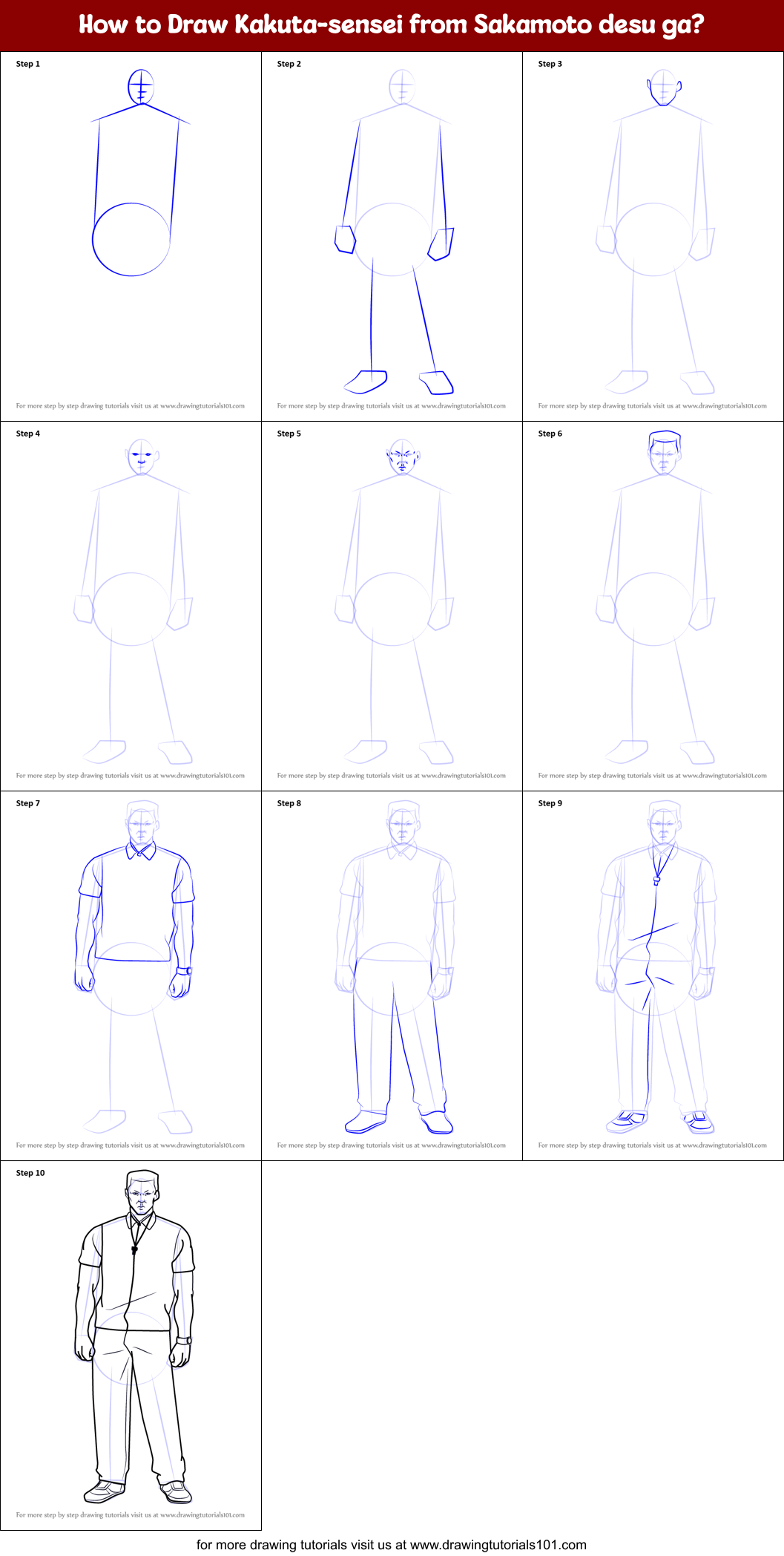 How to Draw Kakuta-sensei from Sakamoto desu ga? Printable Step by Step