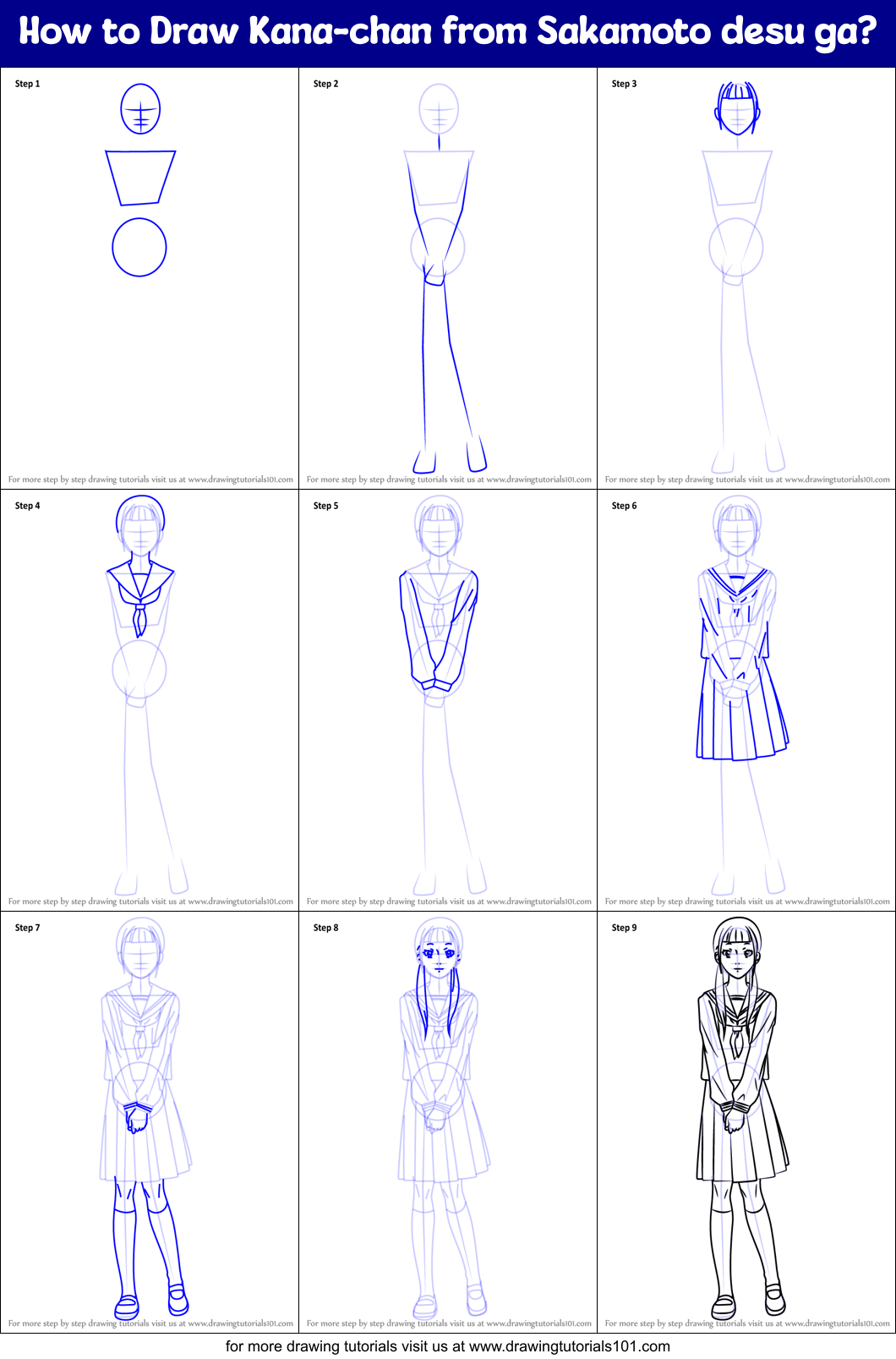 How to Draw Kana-chan from Sakamoto desu ga? Printable Step by Step