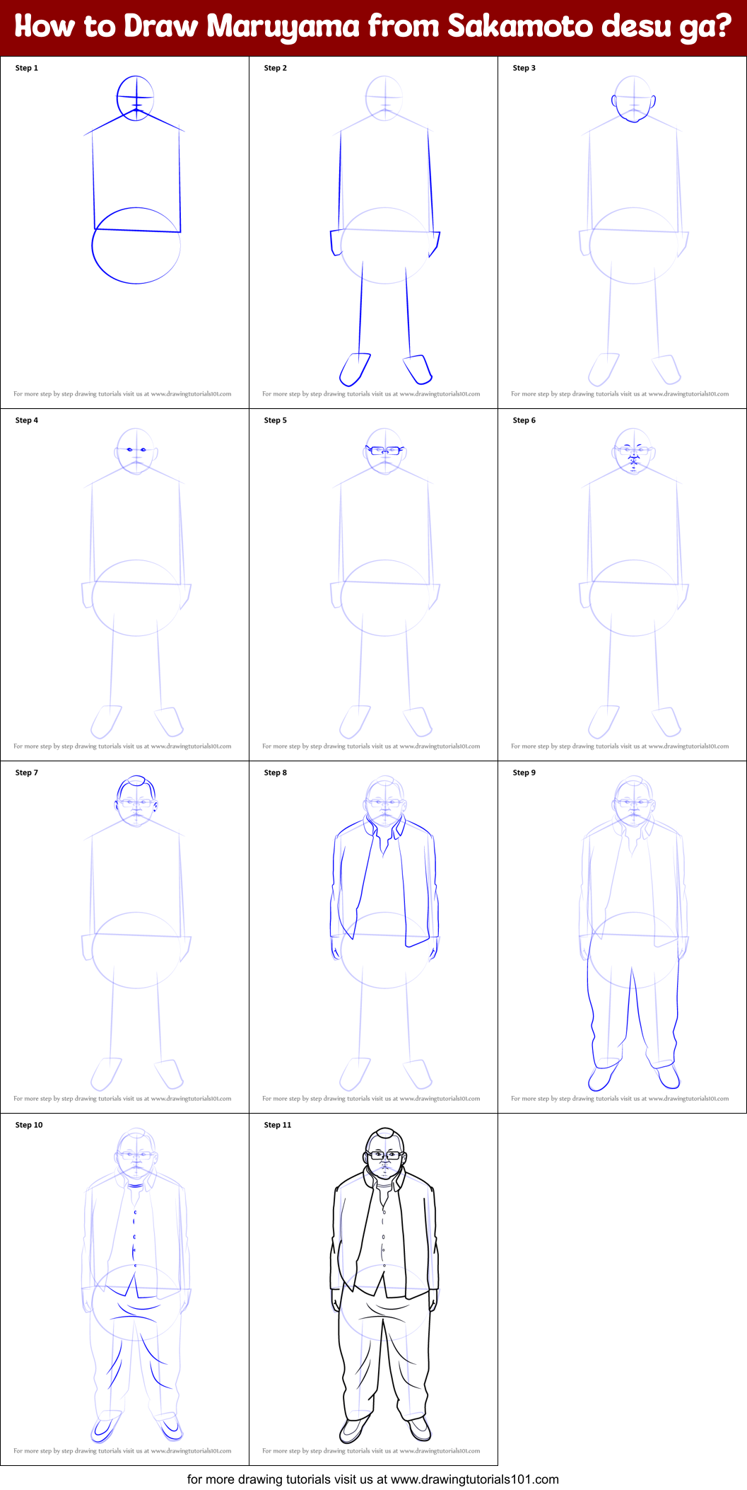 How to Draw Maruyama from Sakamoto desu ga? Printable Step by Step