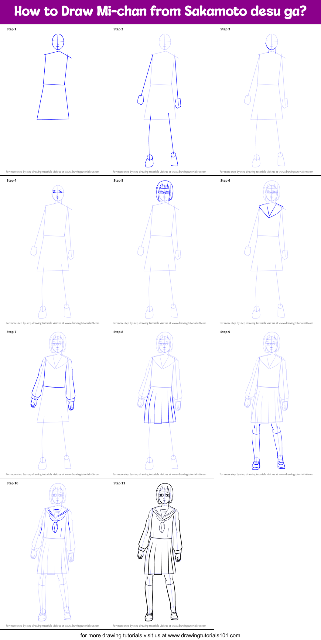 How to Draw Mi-chan from Sakamoto desu ga? Printable Step by Step